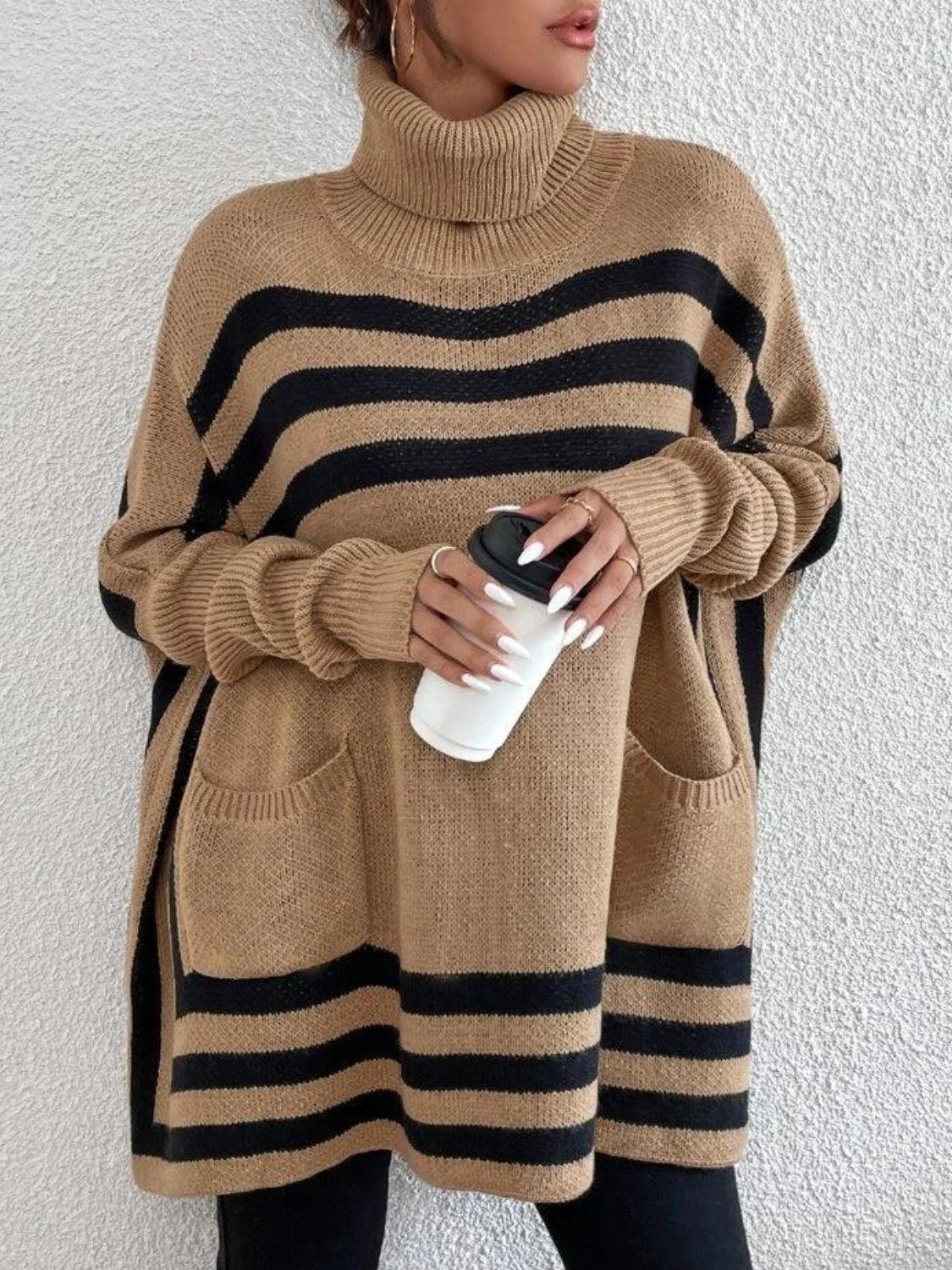 Striped Turtleneck Batwing Sleeve Sweater with Pockets-Angel Casuals