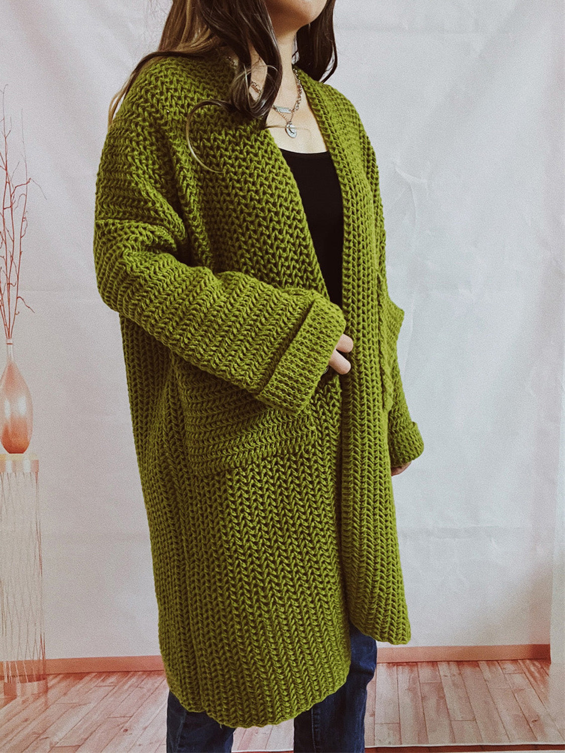 Open Front Long Sleeve Cardigan with Pockets-Angel Casuals