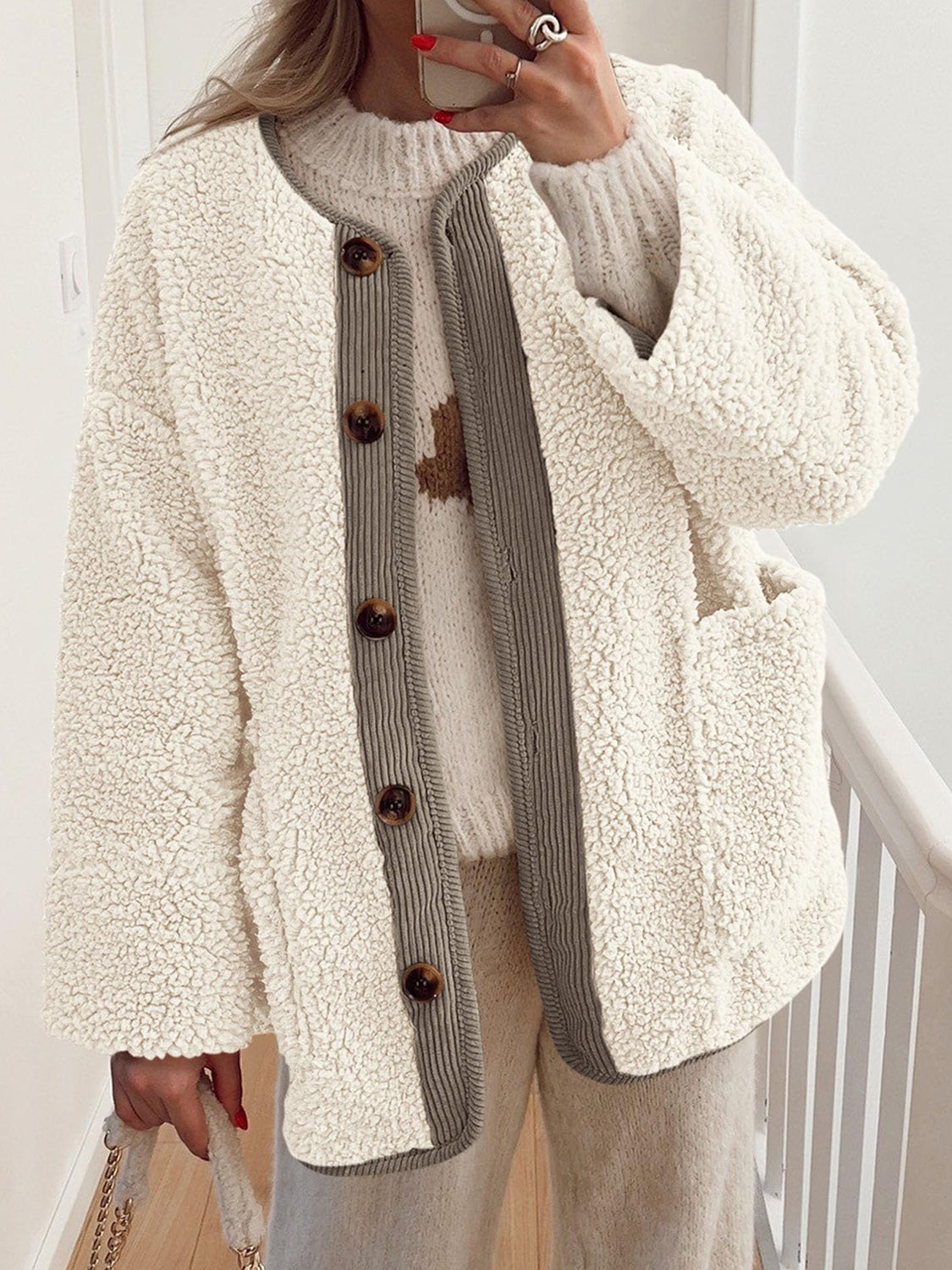 Contrast Button Up Sherpa Jacket with Pockets-Angel Casuals