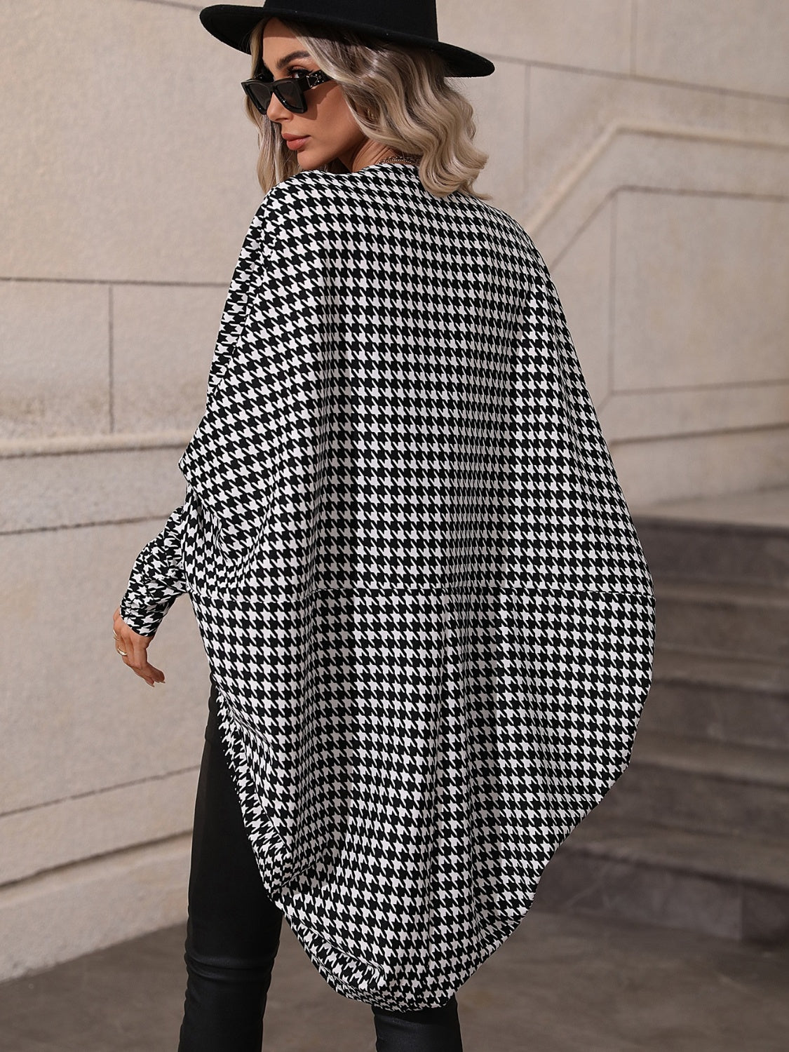 Houndstooth Open Front Batwing Sleeve Cardigan-Angel Casuals
