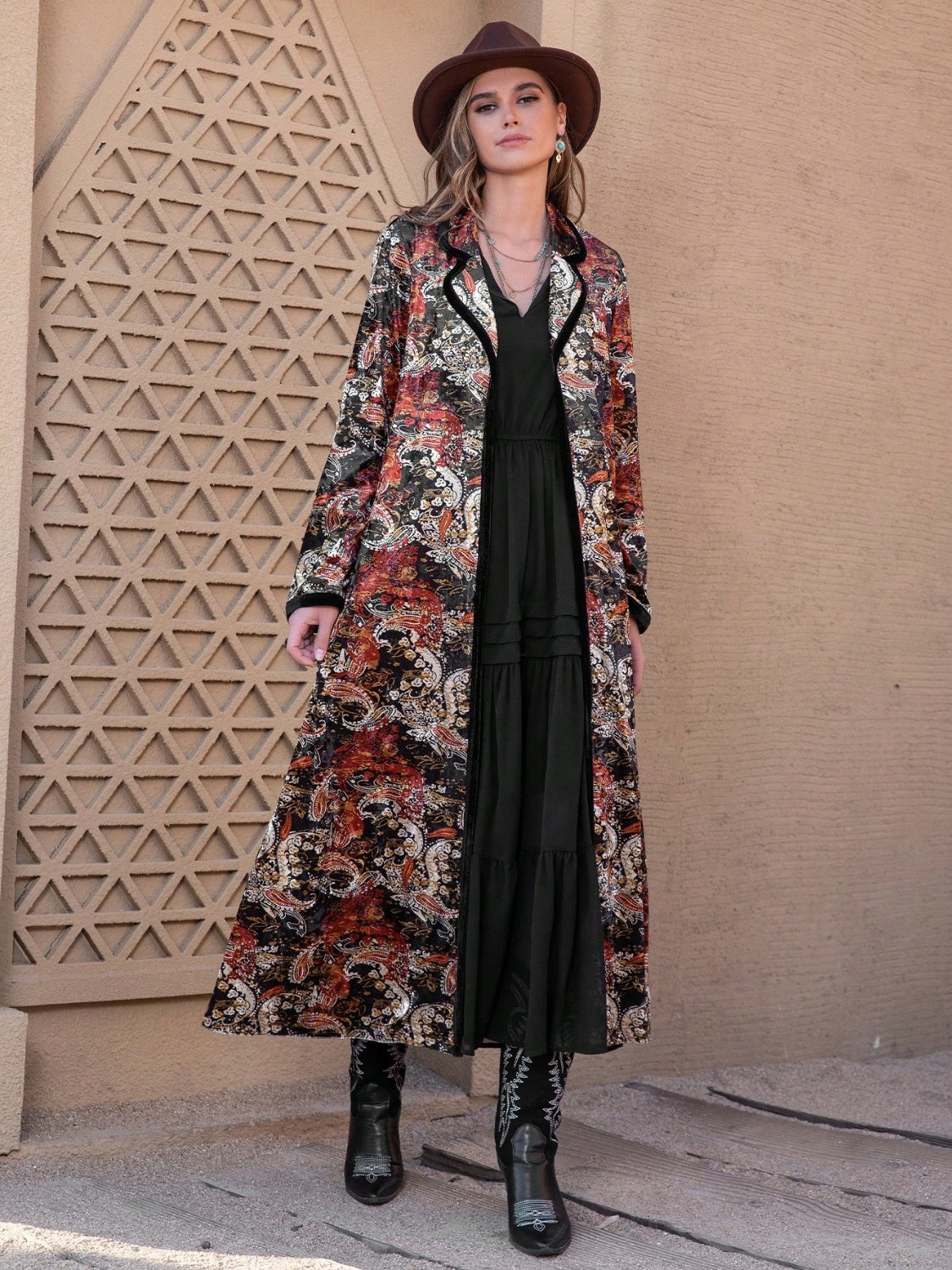 Printed Open Front Long Sleeve Outerwear-Angel Casuals