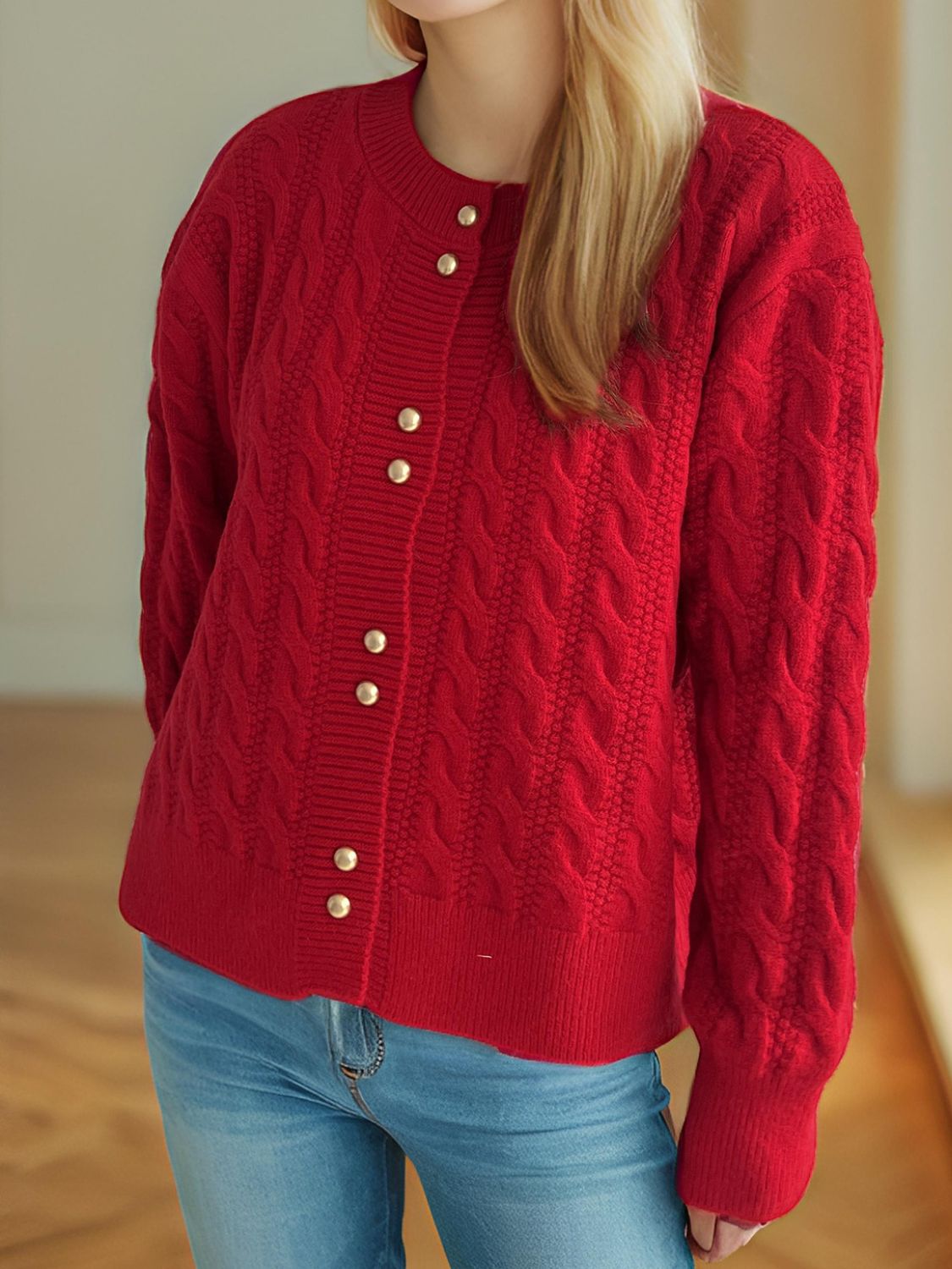Cable-Knit Round Neck Long Sleeve Cardigan-Angel Casuals