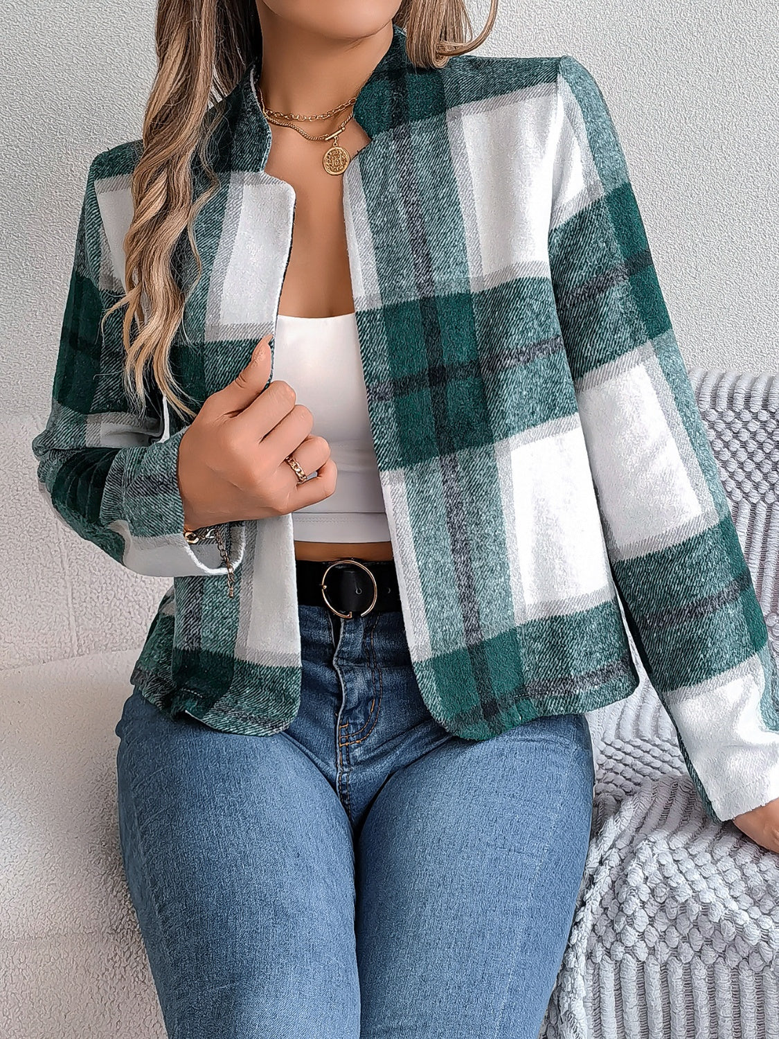 Plaid Open Front Long Sleeve Jacket-Angel Casuals