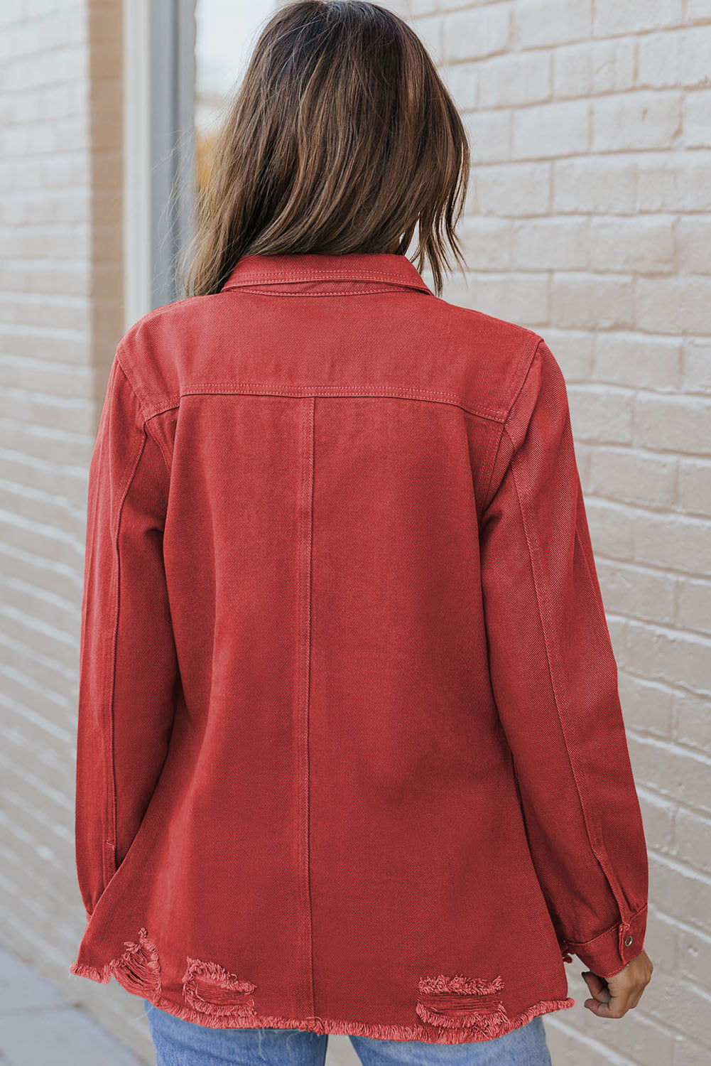 Distressed Raw Hem Snap Down Denim Jacket-Angel Casuals