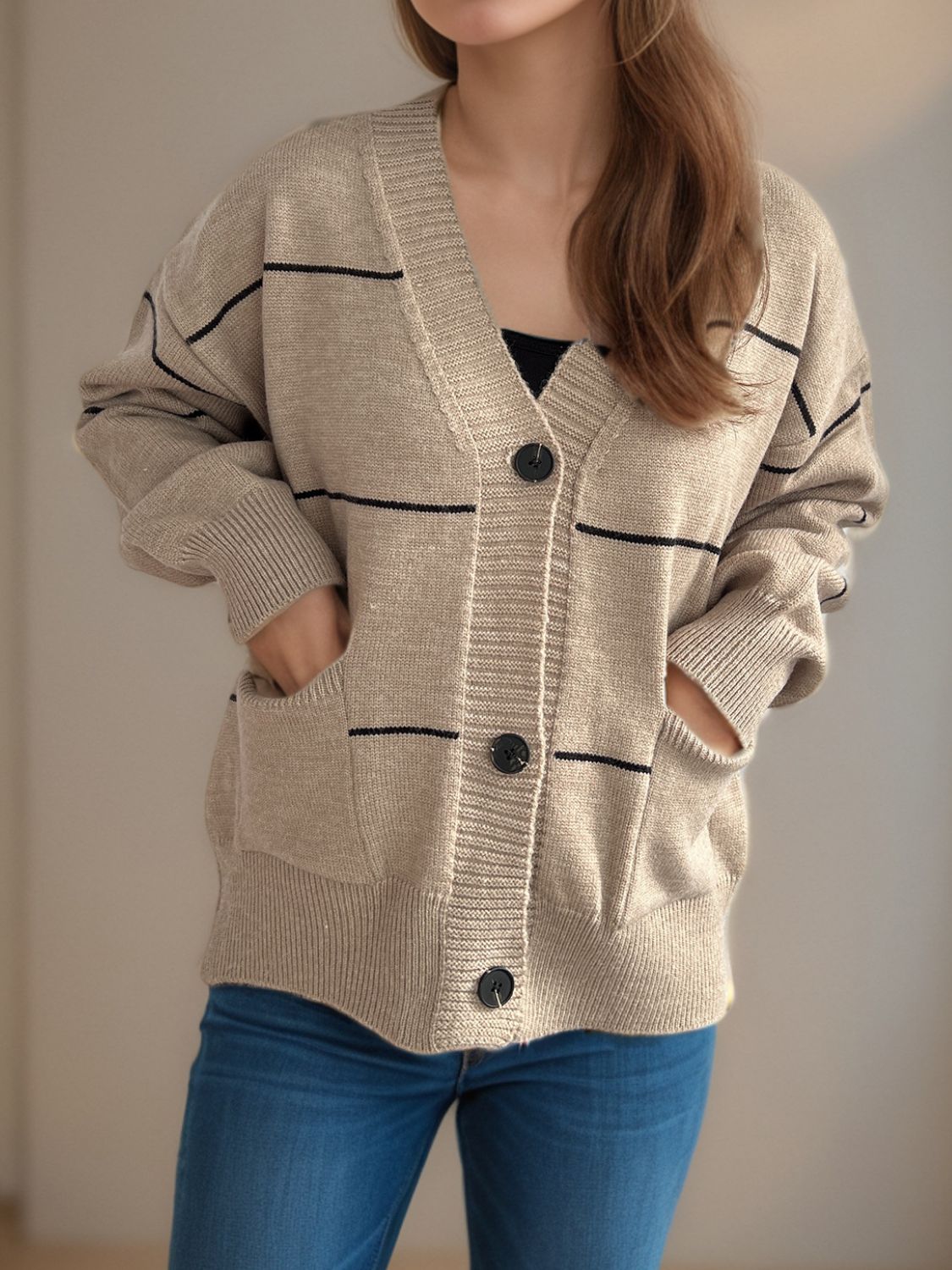 Striped Button Down V-Neck Long Sleeve Cardigan-Angel Casuals