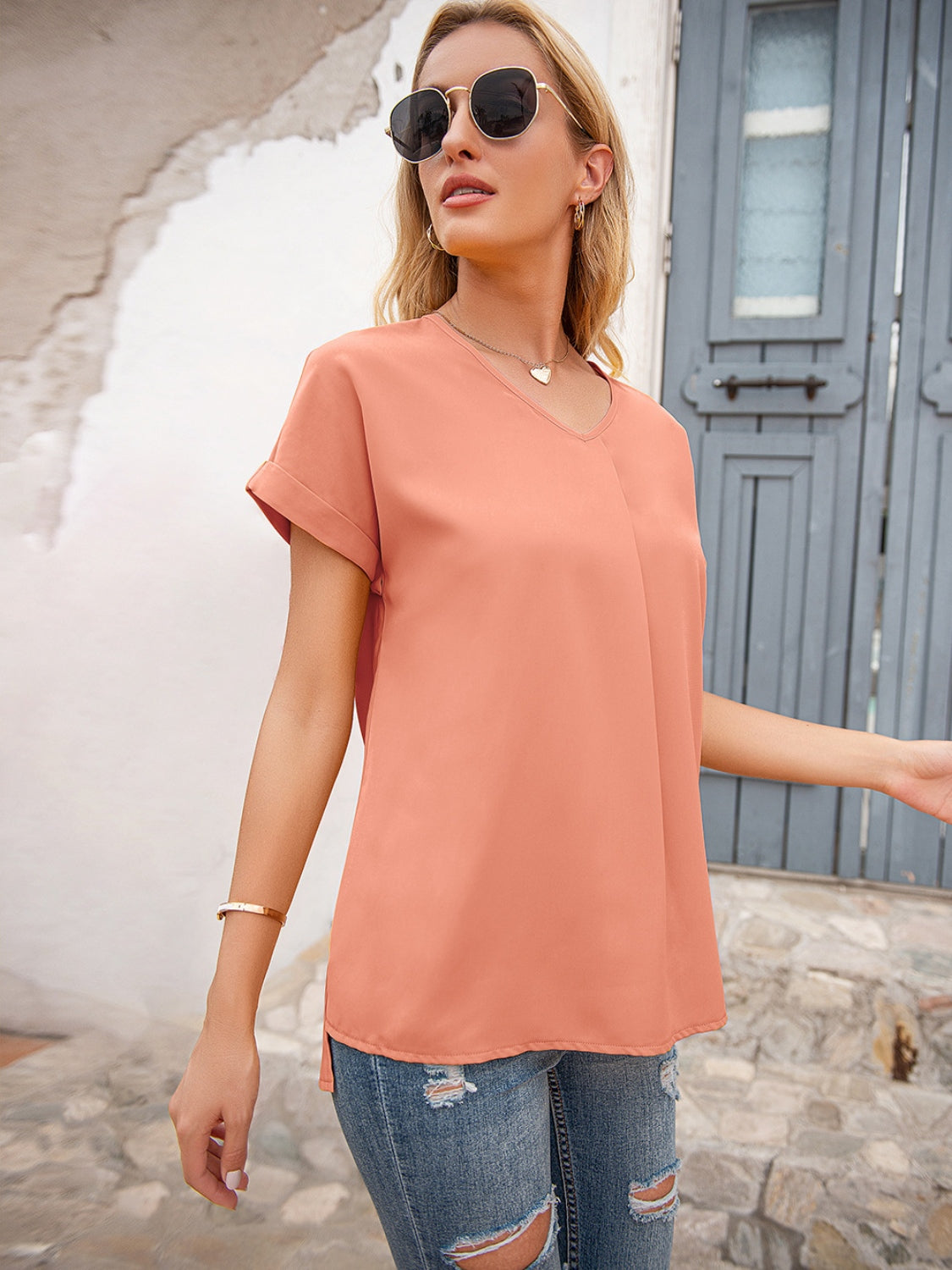 V-Neck Short Sleeve T-Shirt-Angel Casuals