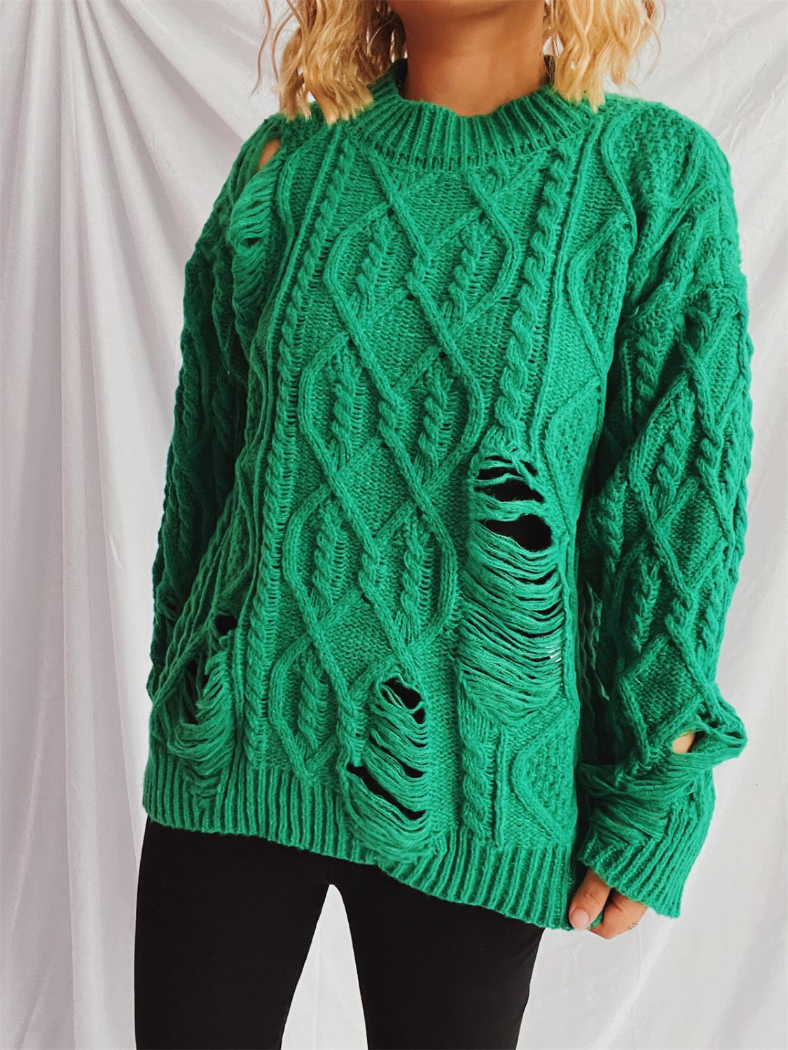 Distressed Cable-Knit Round Neck Long Sleeve Sweater-Angel Casuals