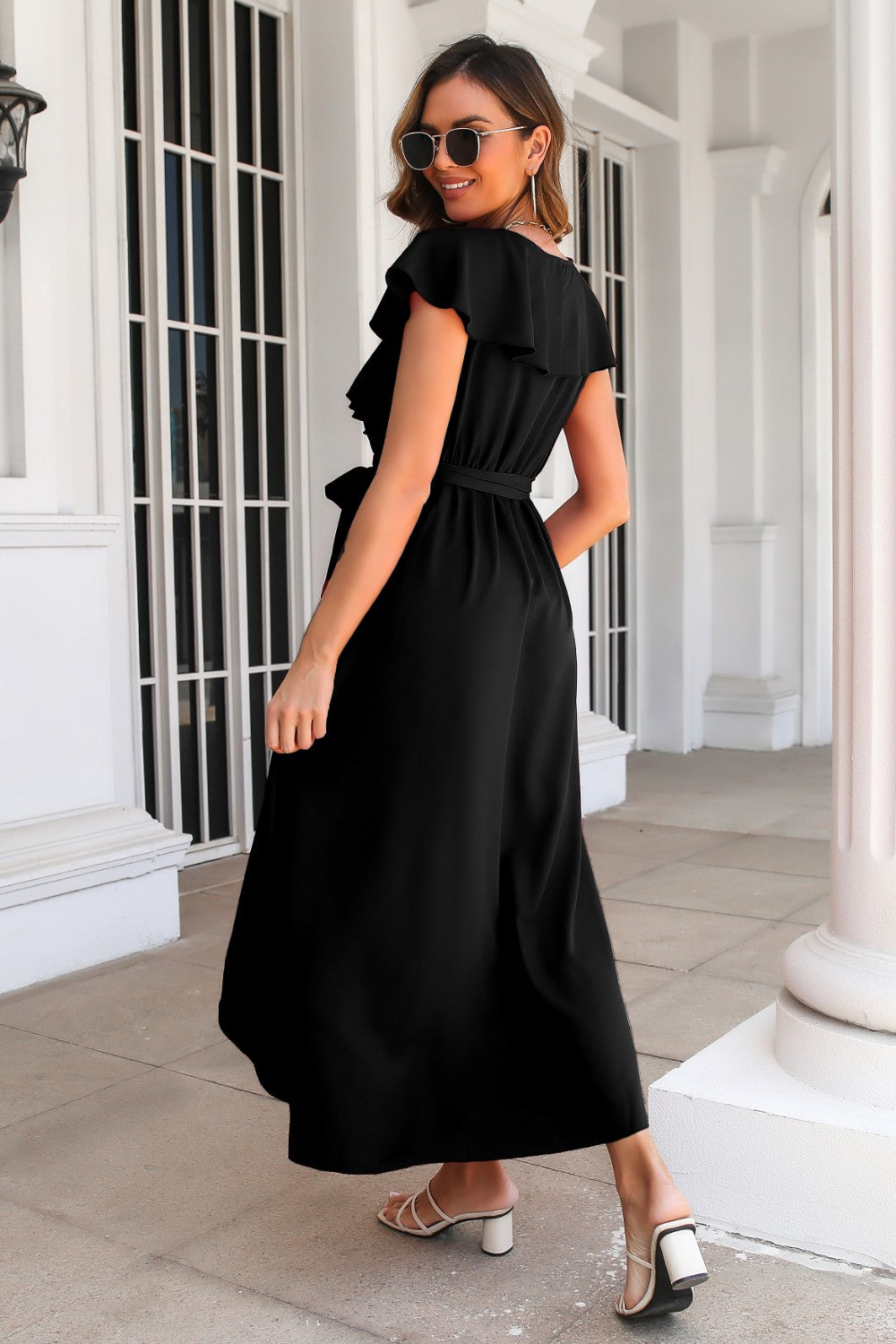 Ruffled Surplice Tie Waist Slit Midi Dress-Angel Casuals