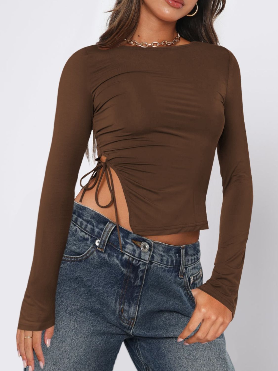 Tied Slit Round Neck Long Sleeve T-Shirt-Angel Casuals