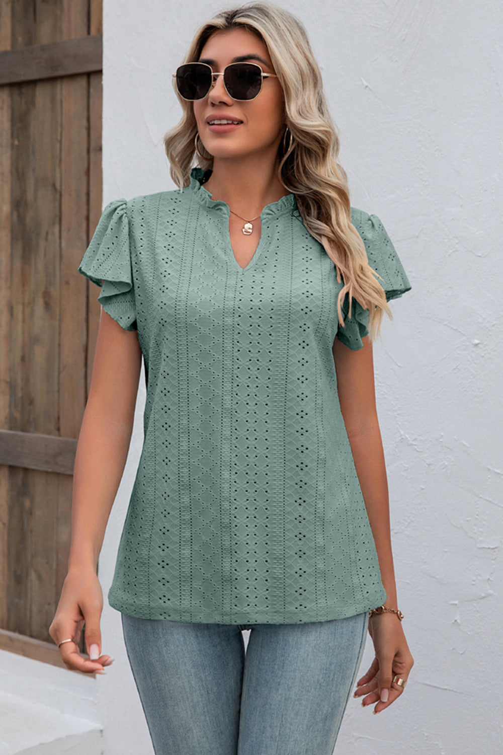 Eyelet Notched Flutter Sleeve T-Shirt-Angel Casuals
