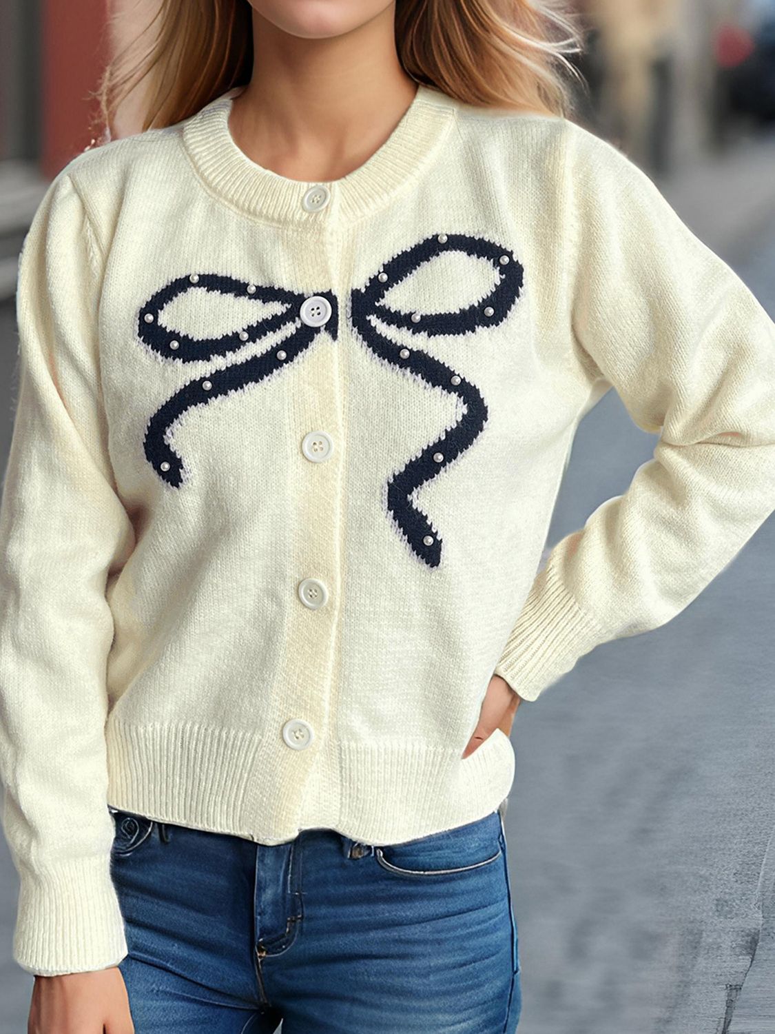 Bow Button Down Round Neck Cardigan-Angel Casuals