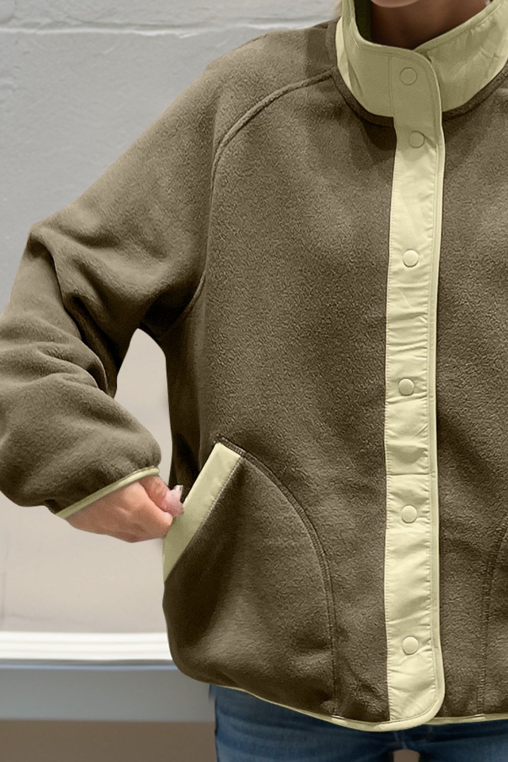 Double Take Snap Down Contrast Fleece Jacket with Pockets-Angel Casuals