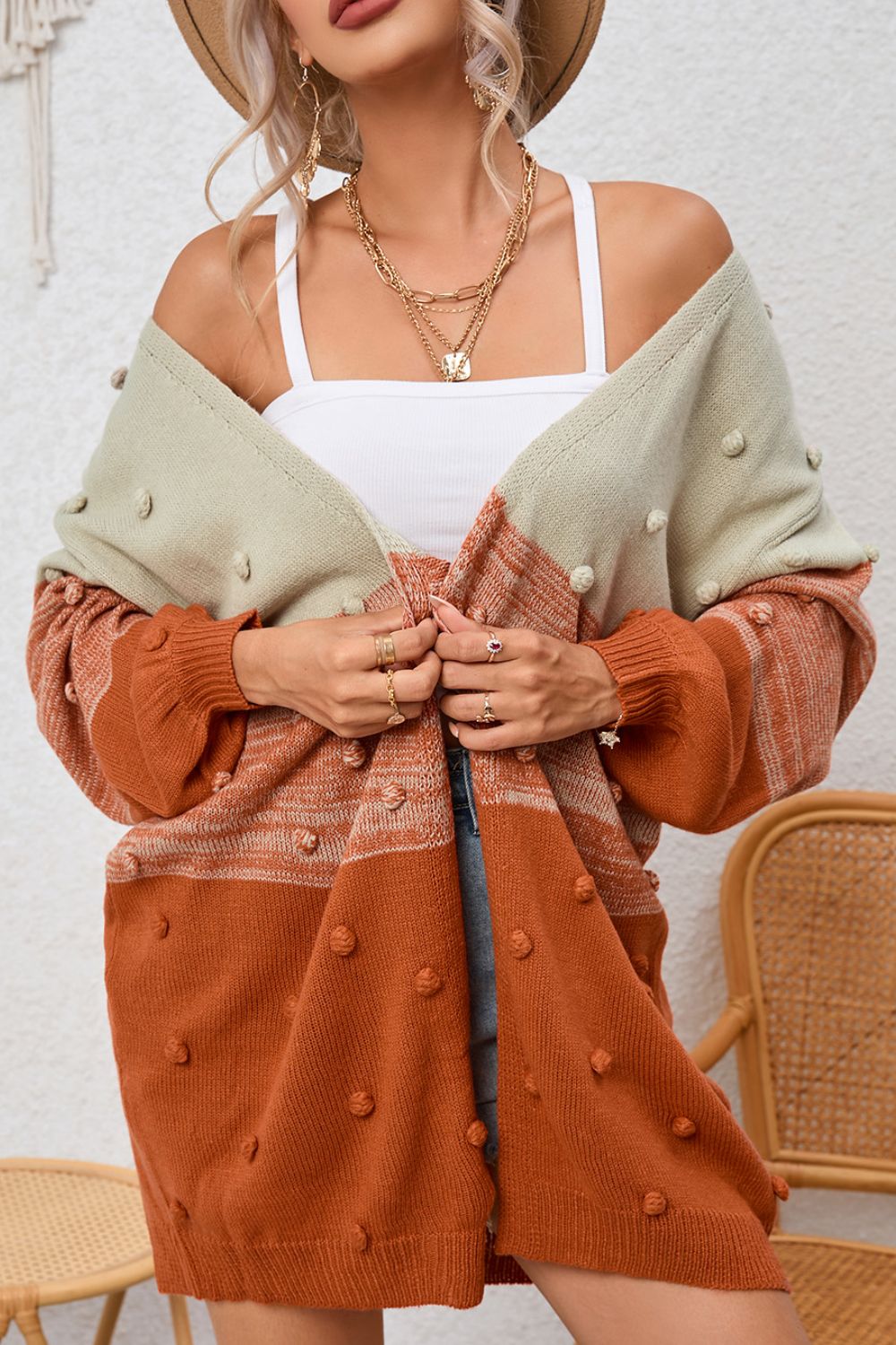 Pompom Color Block Open Front Cardigan-Angel Casuals