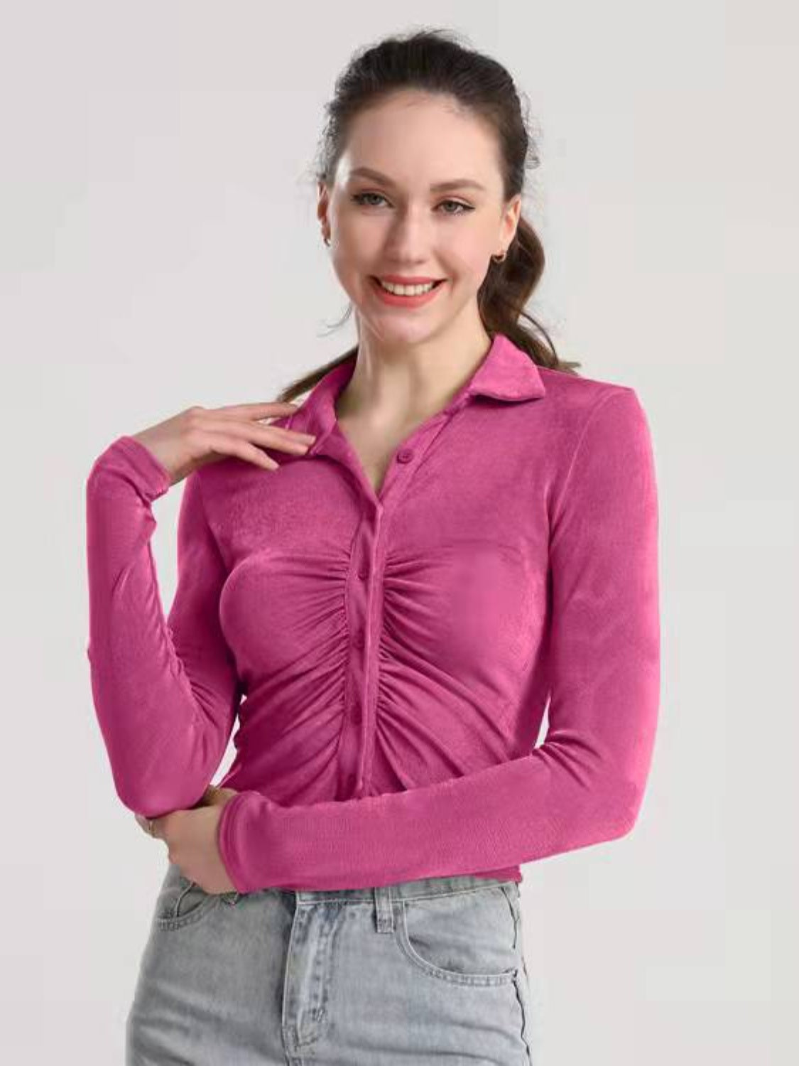 Ruched Button Up Long Sleeve T-Shirt-Angel Casuals
