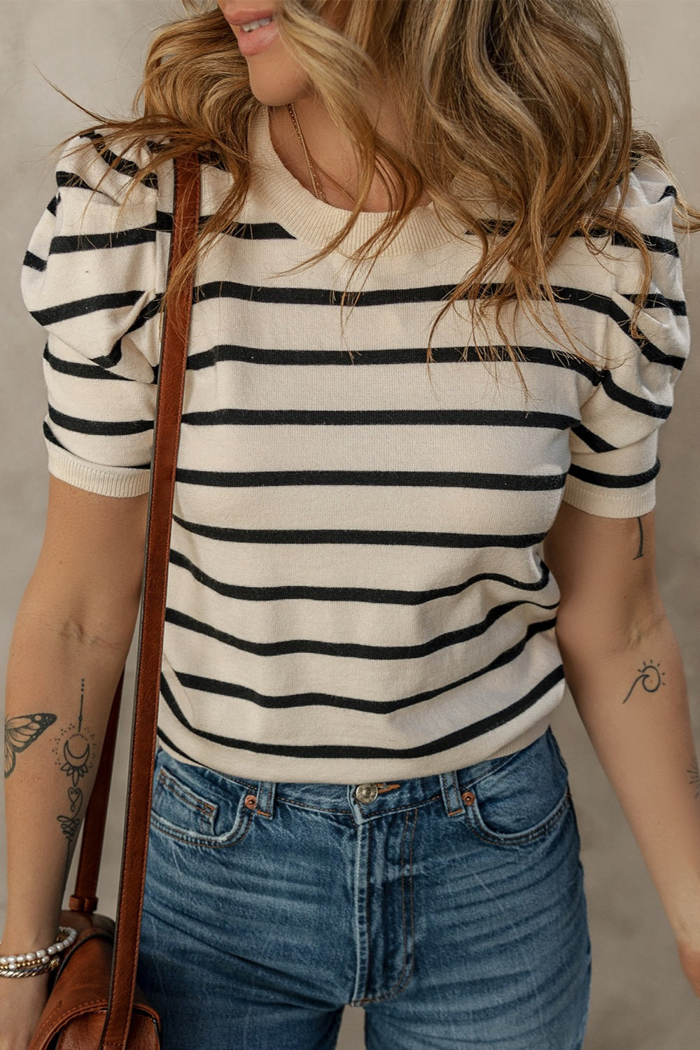 Striped Round Neck Puff Sleeve Knit Top-Angel Casuals