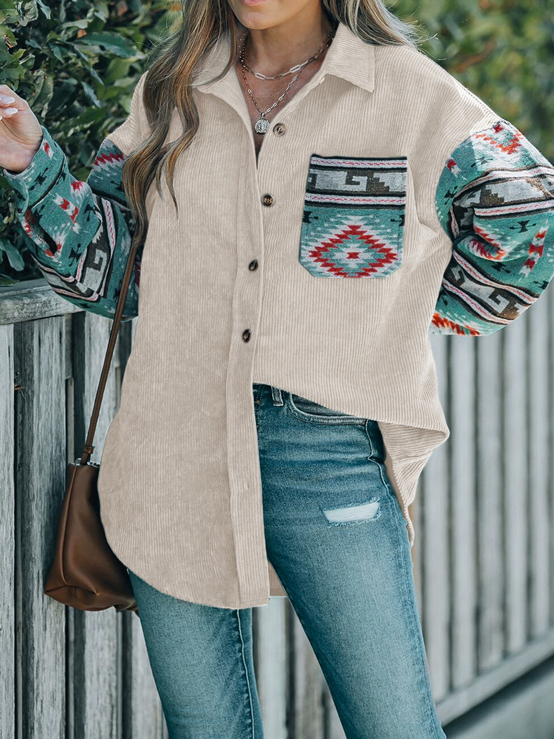 Perfee Pocketed Geometric Collared Neck Shacket-Angel Casuals