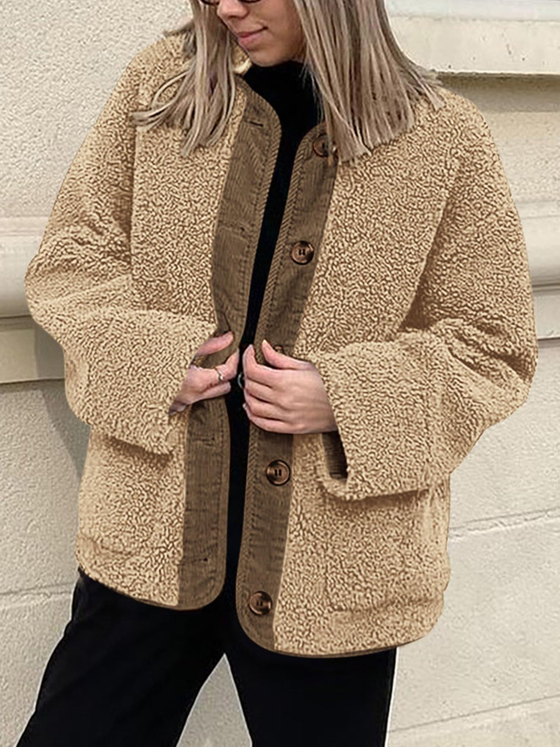 Contrast Button Up Sherpa Jacket with Pockets-Angel Casuals