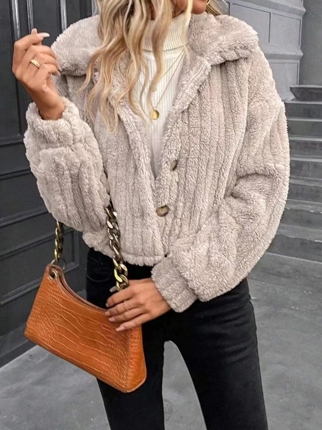 Button Up Long Sleeve Fuzzy Outerwear-Angel Casuals