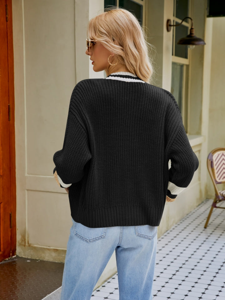 Contrast Button Up Dropped Shoulder Cardigan-Angel Casuals