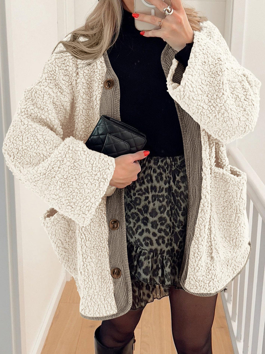 Contrast Button Up Sherpa Jacket with Pockets-Angel Casuals