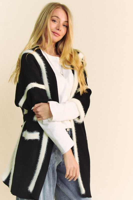 Davi & Dani Fuzzy Trim Open Front Loose Fit Cardigan-Angel Casuals