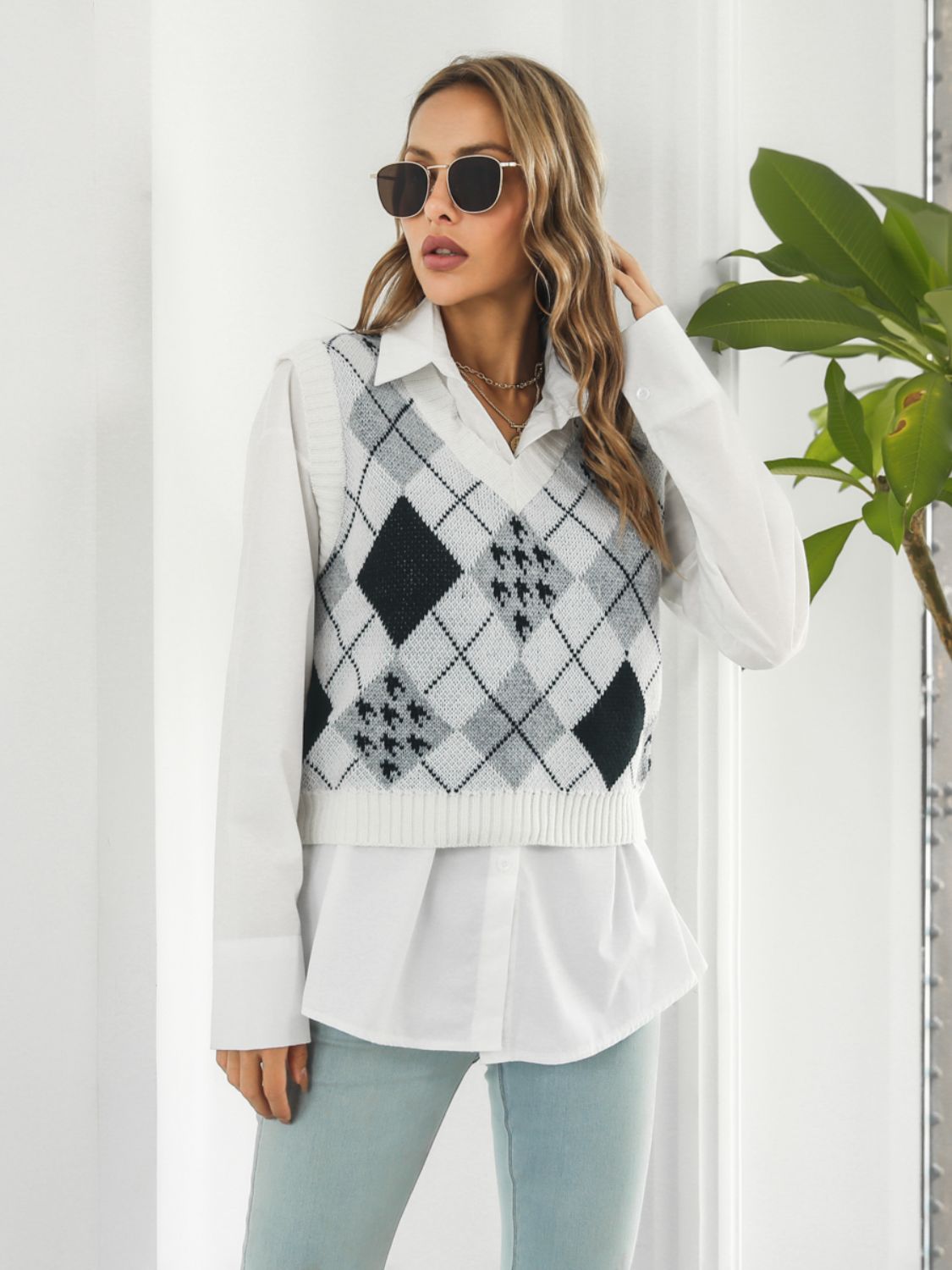 V-Neck Plaid Sweater Vest-Angel Casuals