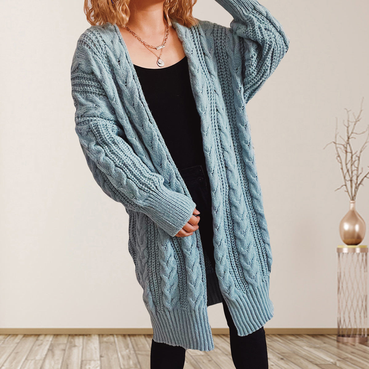 Cable-Knit Open Front Dropped Shoulder Cardigan-Angel Casuals