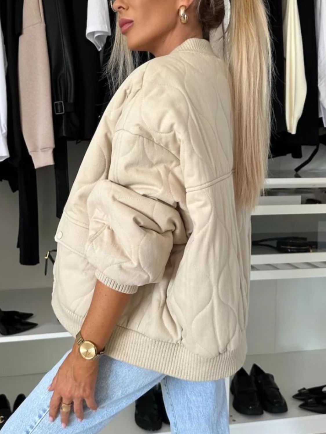 Baseball Collar Snap Down Long Sleeve Jacket-Angel Casuals