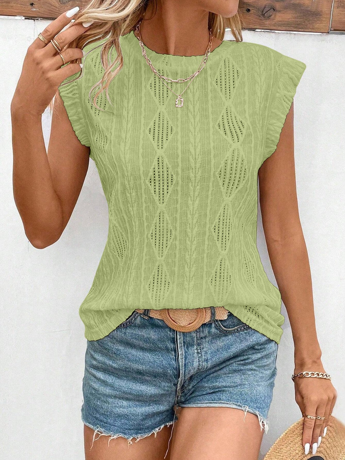 Openwork Round Neck Cap Sleeve Top-Angel Casuals