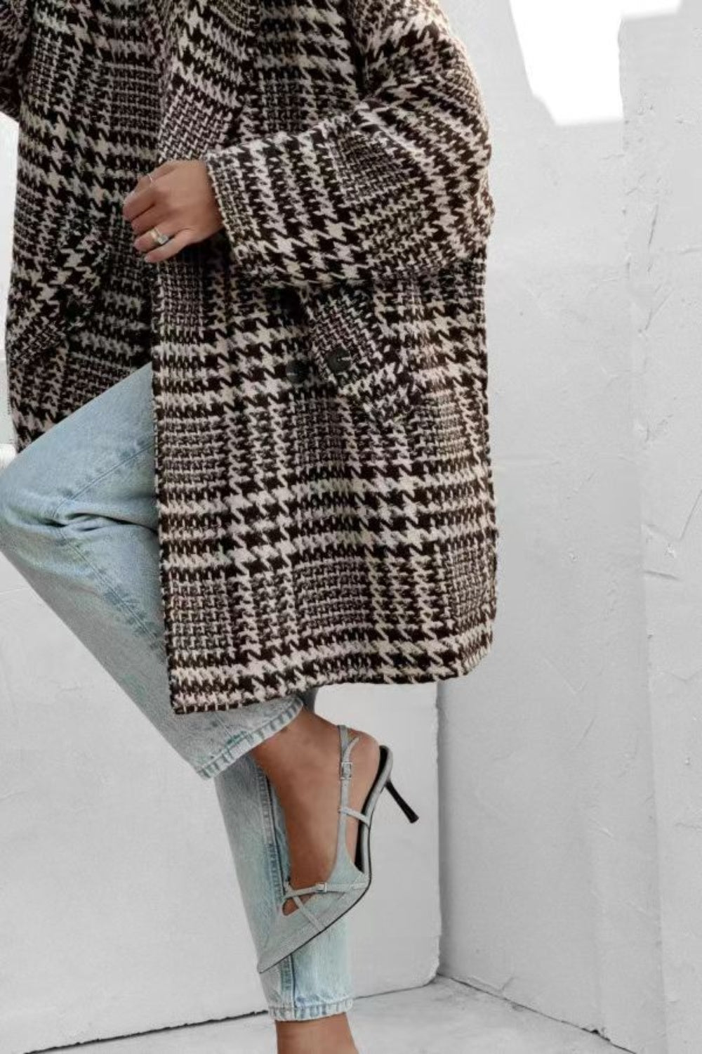 Houndstooth Collared Neck Long Sleeve Coat with Pockets-Angel Casuals