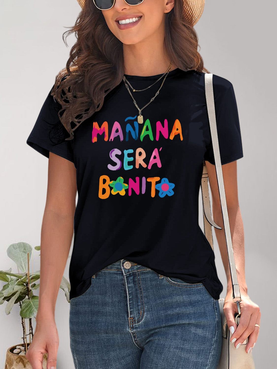 Letter Graphic Round Neck Short Sleeve T-Shirt-Angel Casuals