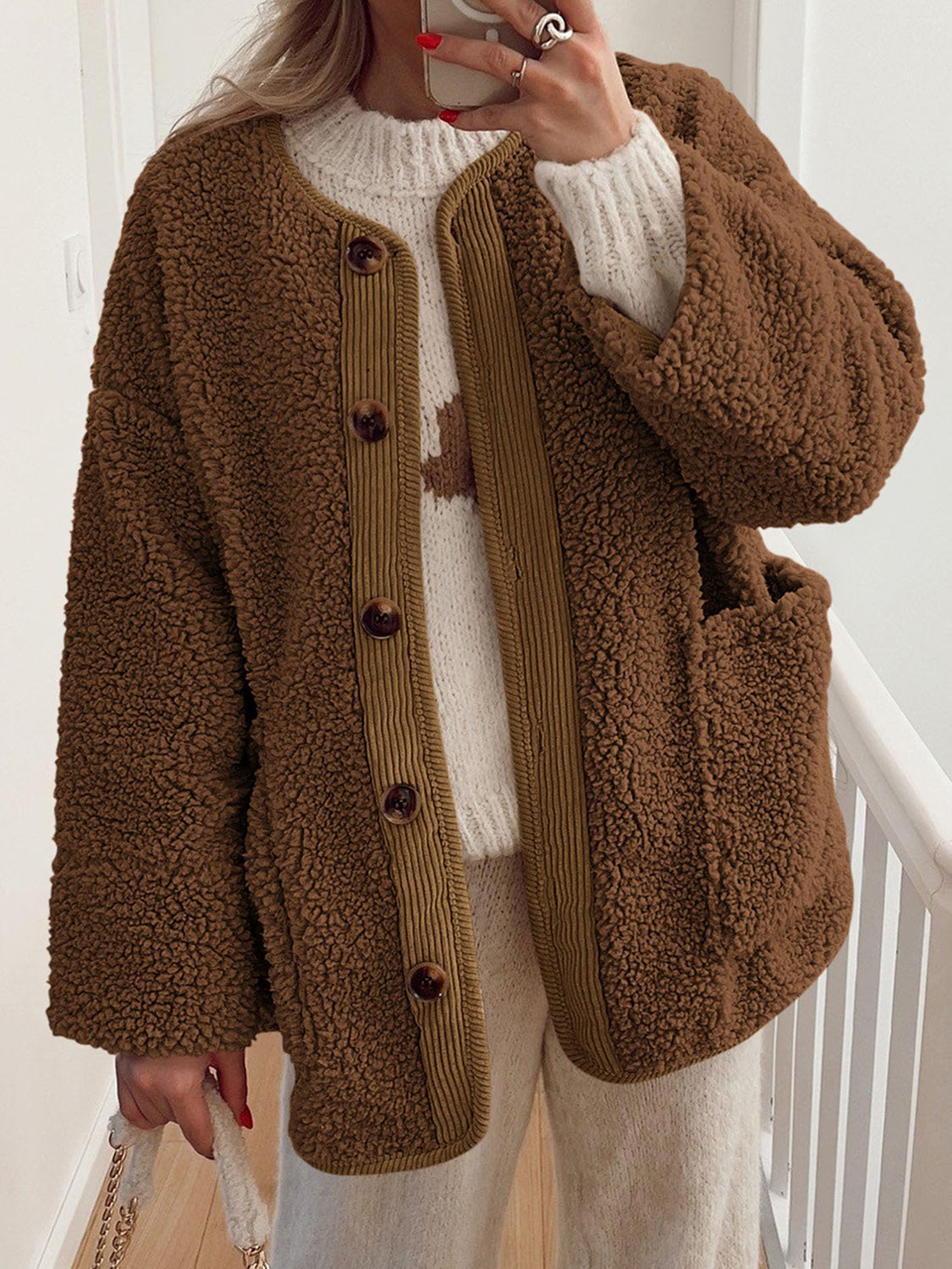Contrast Button Up Sherpa Jacket with Pockets-Angel Casuals