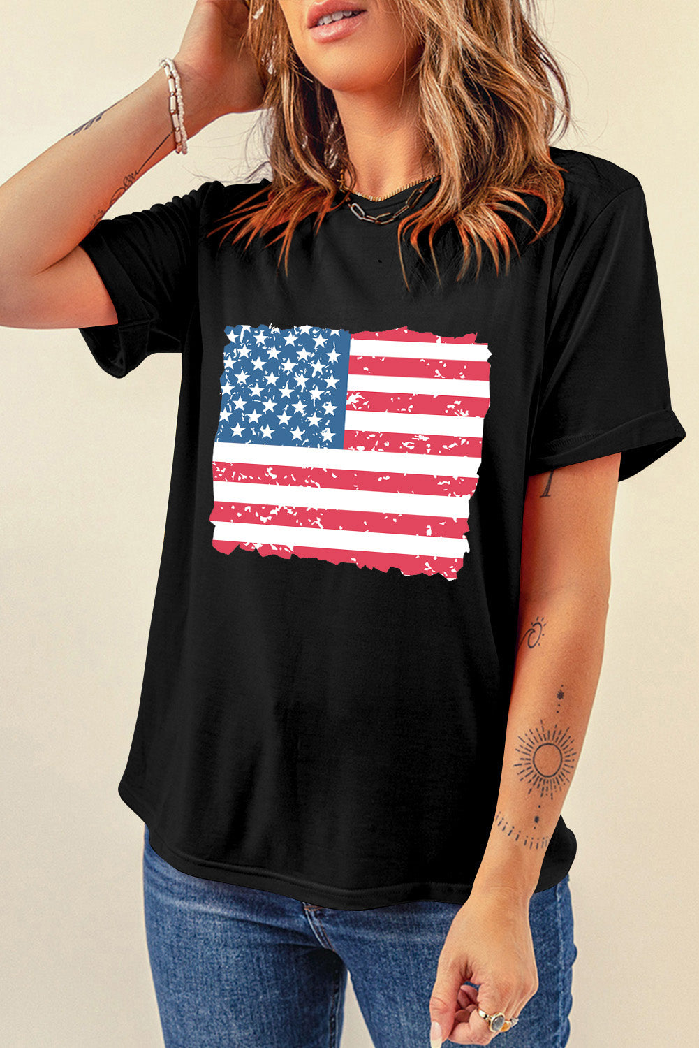 US Flag Round Neck Short Sleeve T-Shirt-Angel Casuals