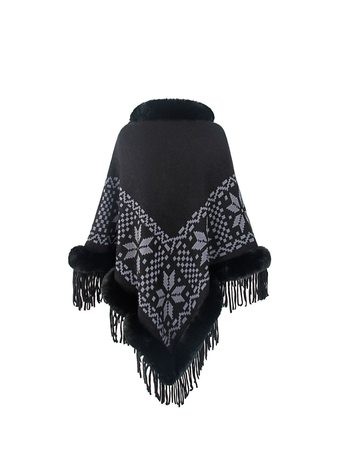 Fringe Geometric Cape Sleeve Poncho-Angel Casuals
