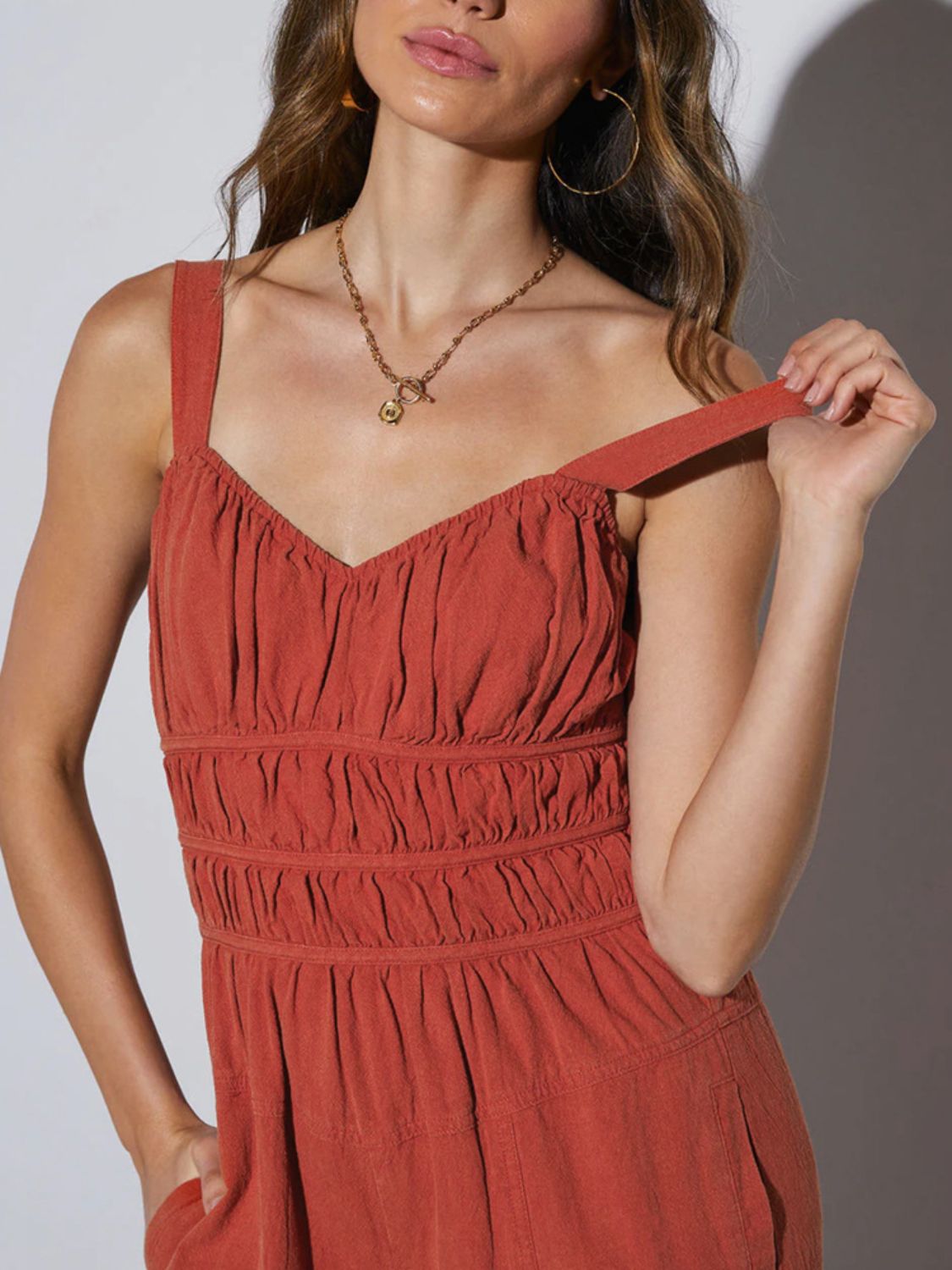 Perfee Ruched Wide Strap Jumpsuit with Pockets-Angel Casuals