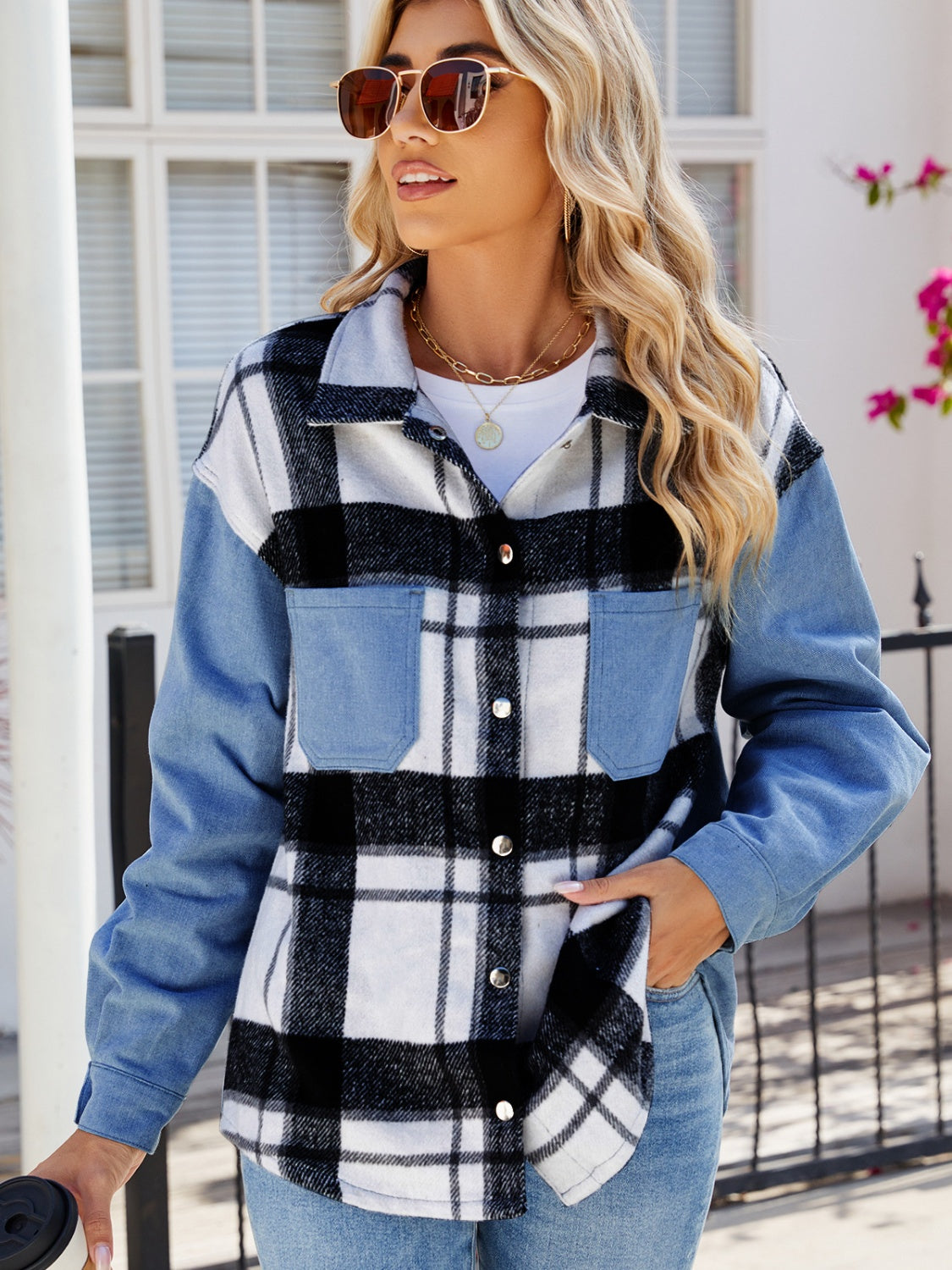 Pocketed Plaid Snap Down Denim Jacket-Angel Casuals