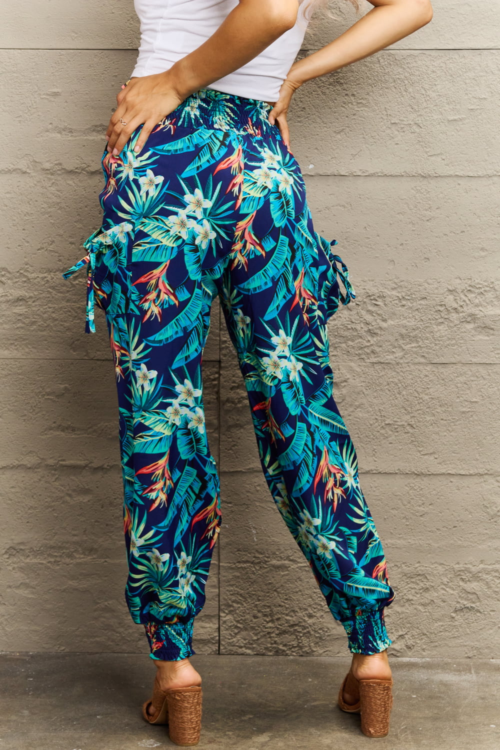 Smocked Plant Print Long Pants-Angel Casuals