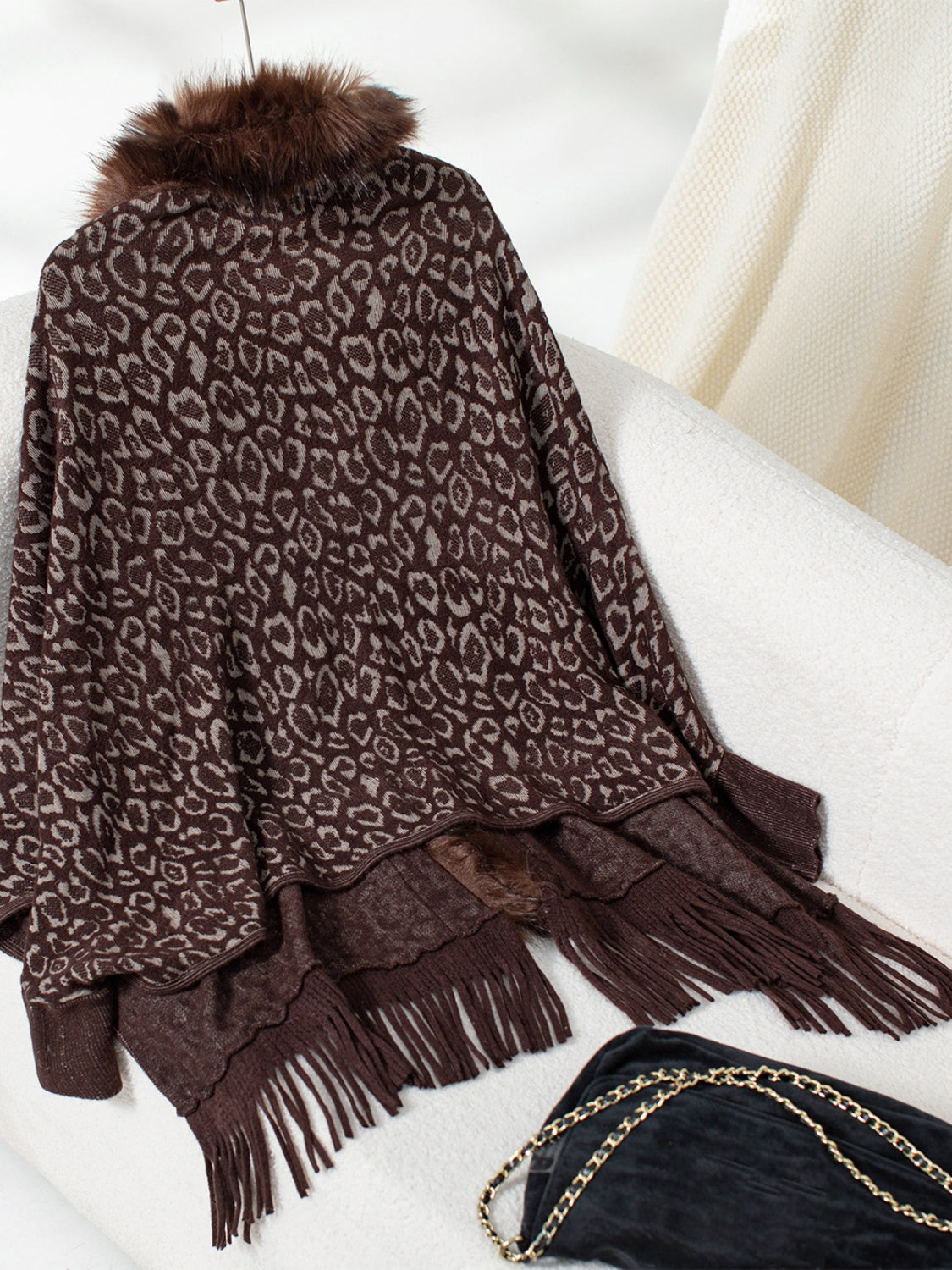 Fringe Leopard Open Front Long Sleeve Poncho-Angel Casuals