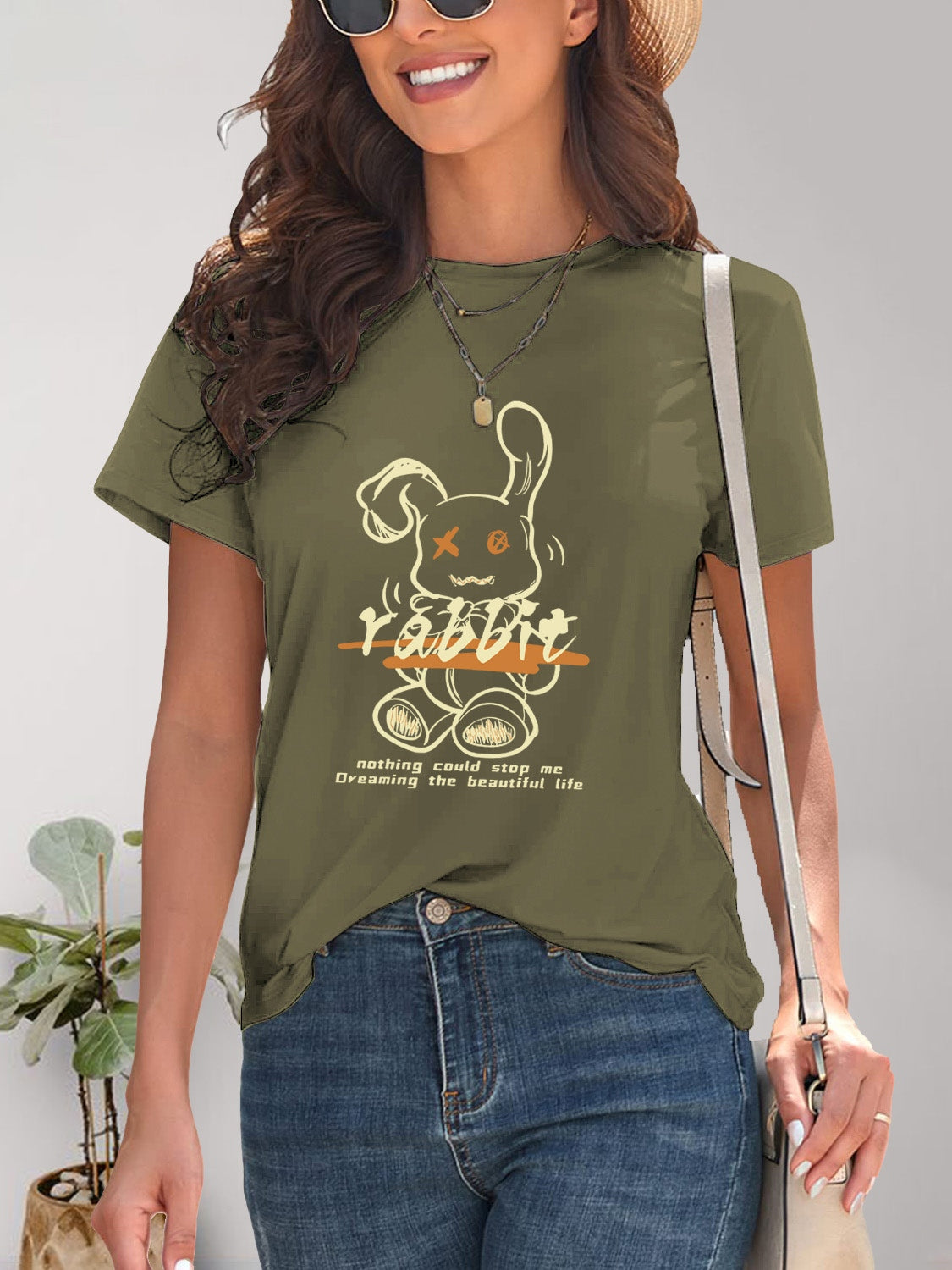 Rabbit Graphic Round Neck Short Sleeve T-Shirt-Angel Casuals