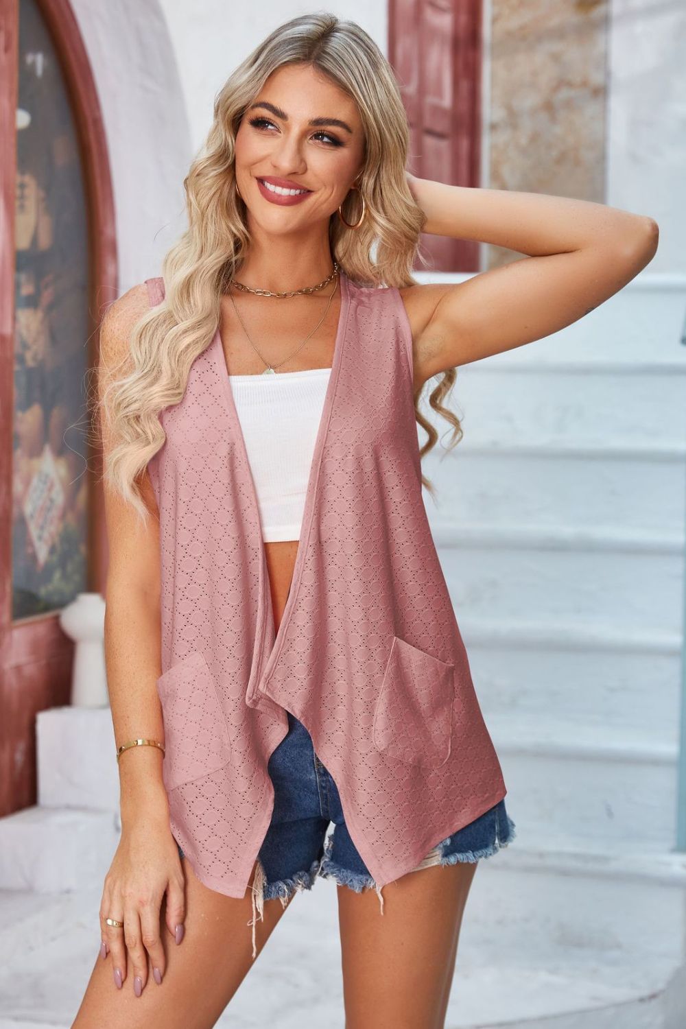 Eyelet Open Front Sleeveless Cardigan-Angel Casuals