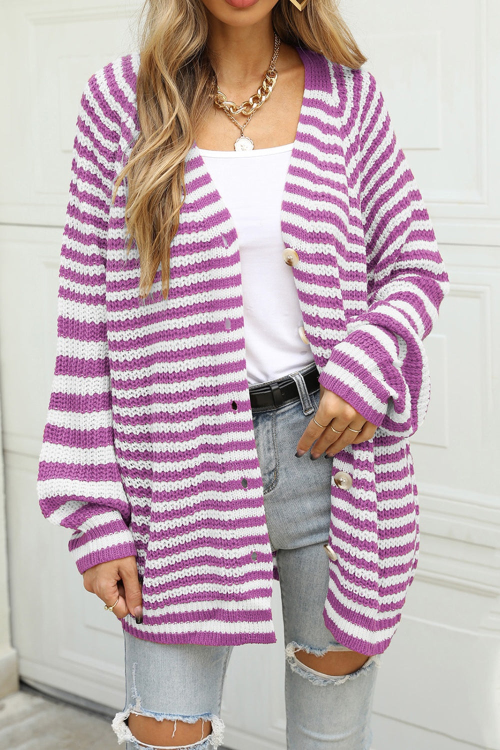 Angel Wings Striped Button Up Long Sleeve Cardigan-Angel Casuals