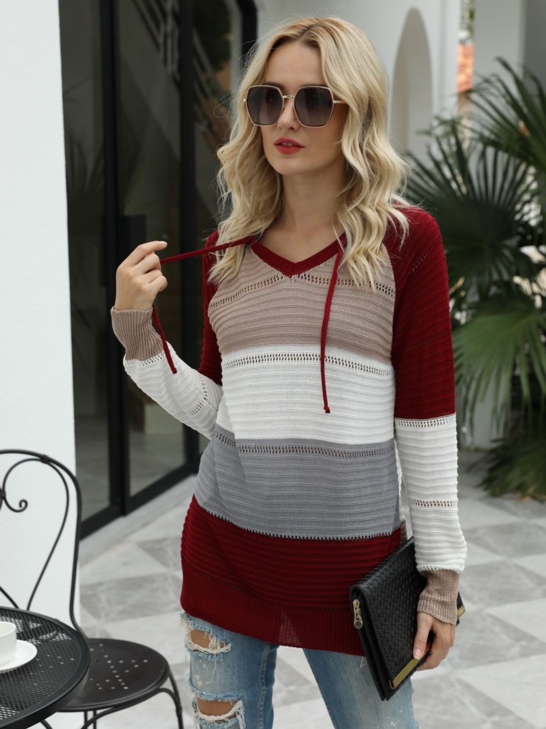 Drawstring Contrast Long Sleeve Hooded T-Shirt-Angel Casuals
