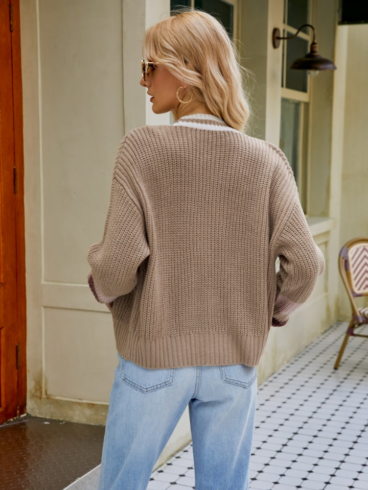 Contrast Button Up Dropped Shoulder Cardigan-Angel Casuals