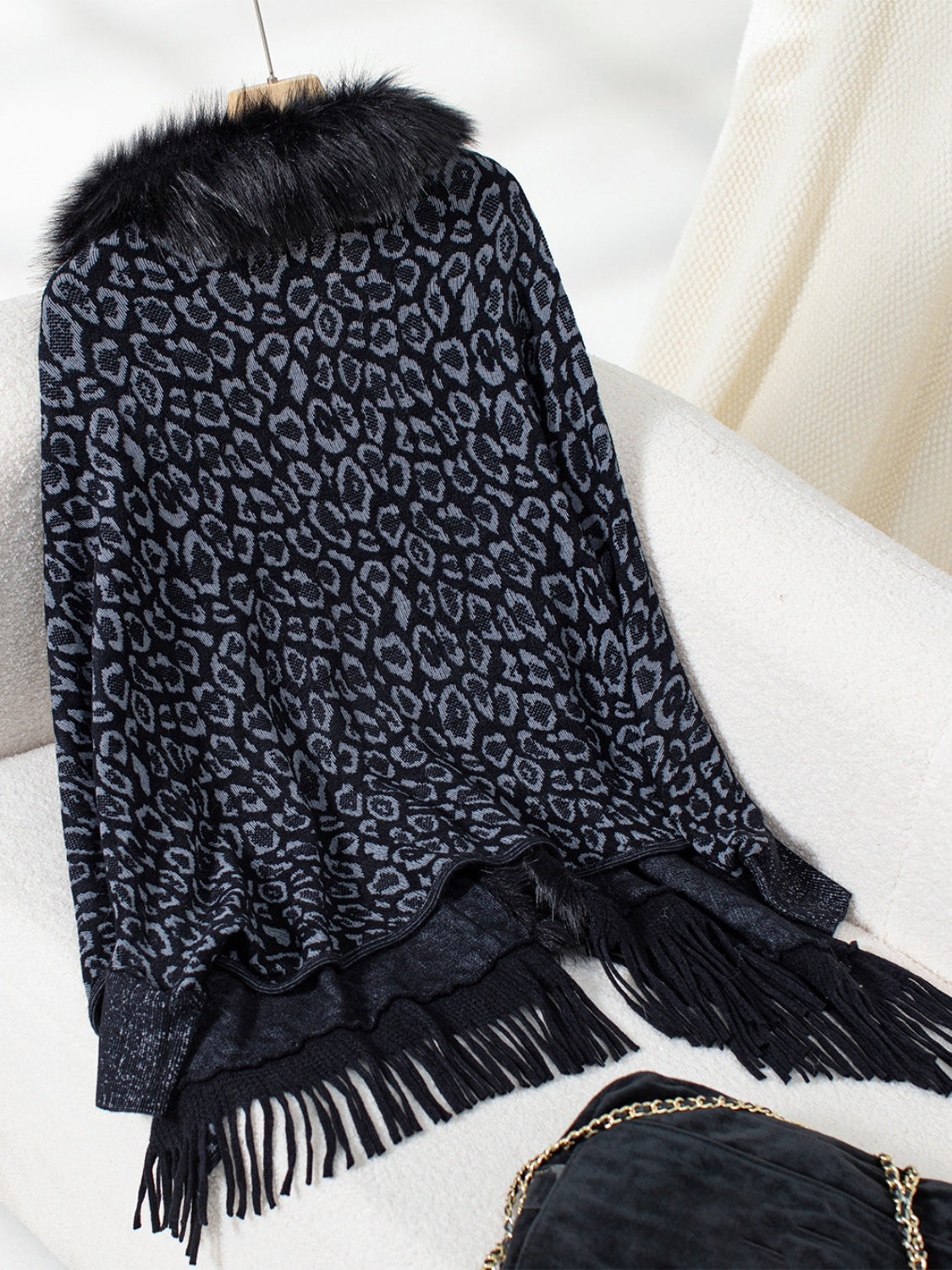 Fringe Leopard Open Front Long Sleeve Poncho-Angel Casuals