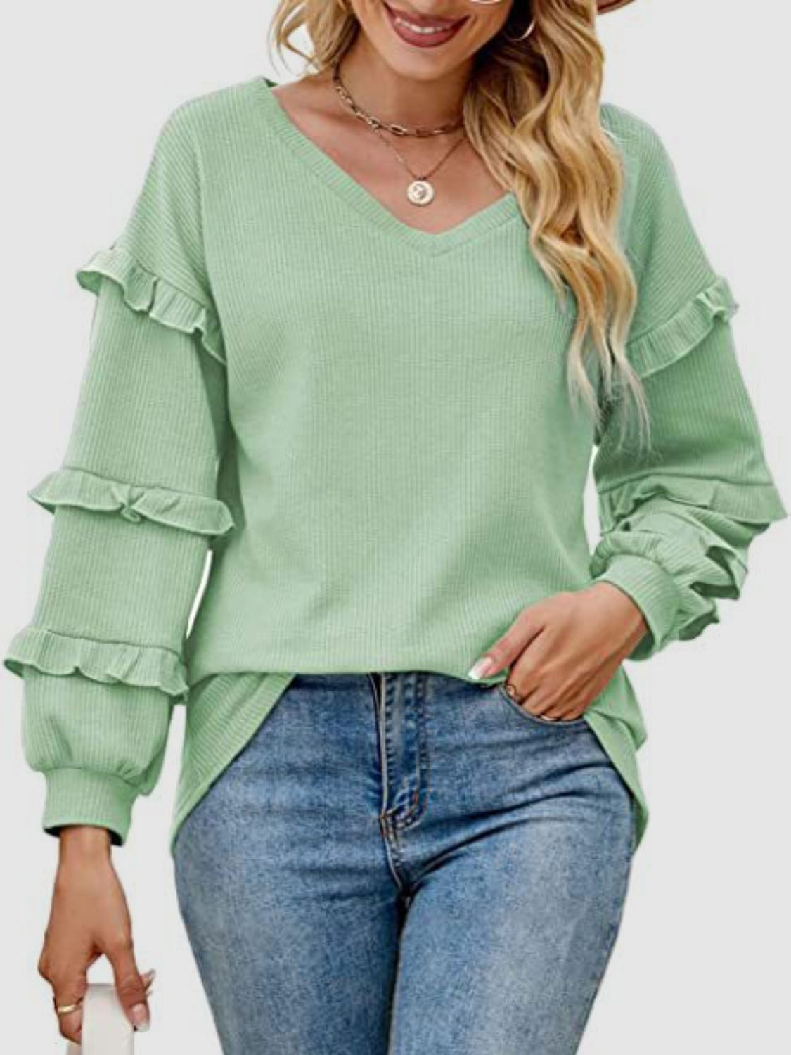 Ruffled V-Neck Long Sleeve T-Shirt-Angel Casuals