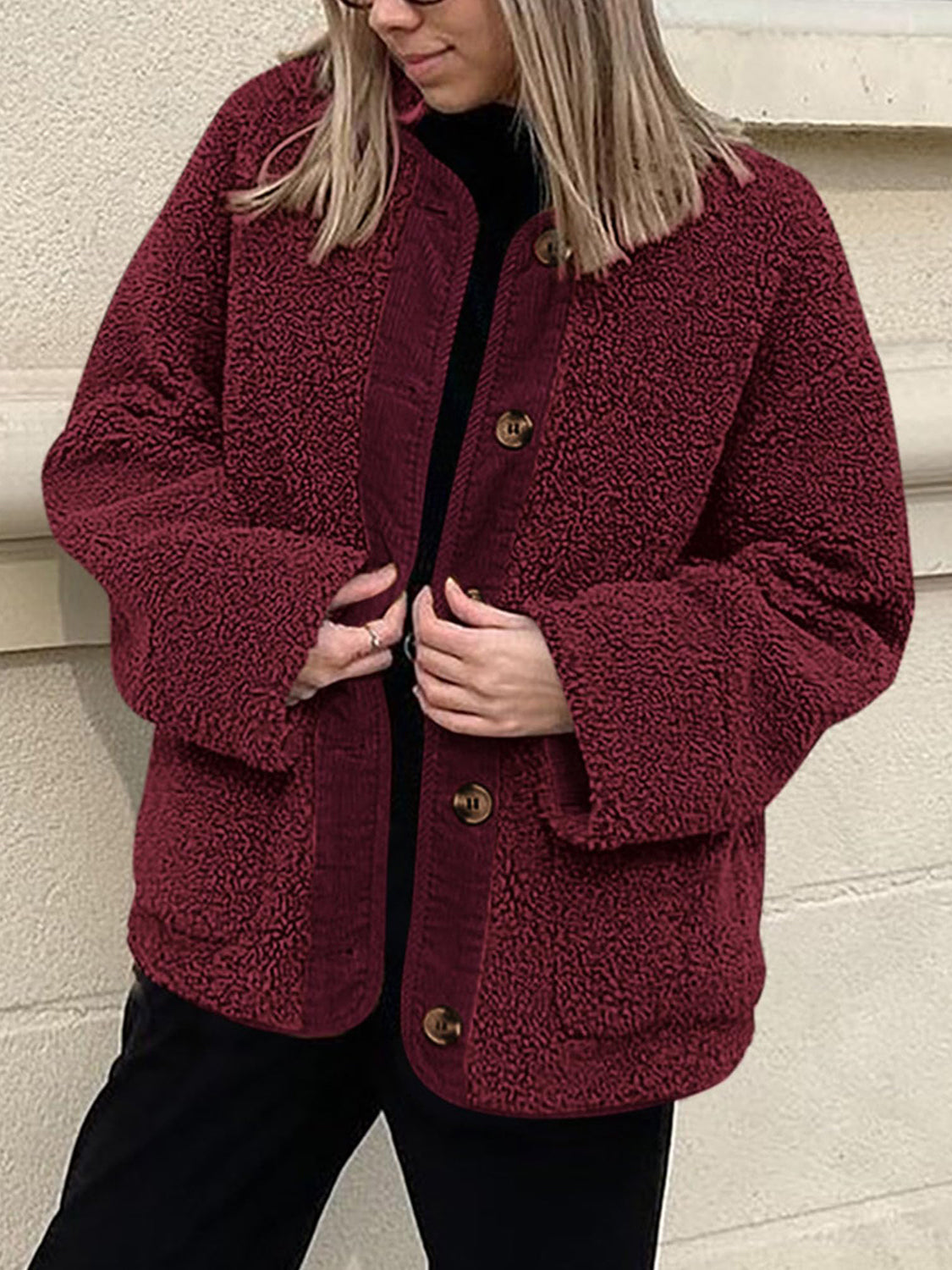 Contrast Button Up Sherpa Jacket with Pockets-Angel Casuals