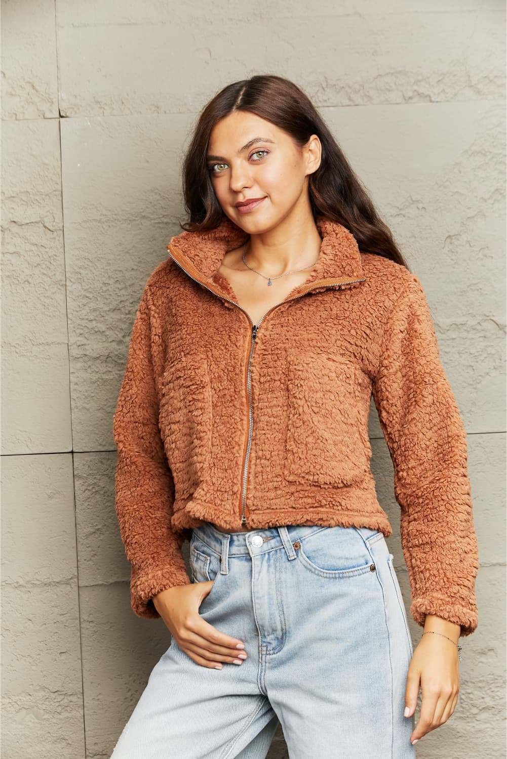 Zip-Up Collared Teddy Jacket-Angel Casuals