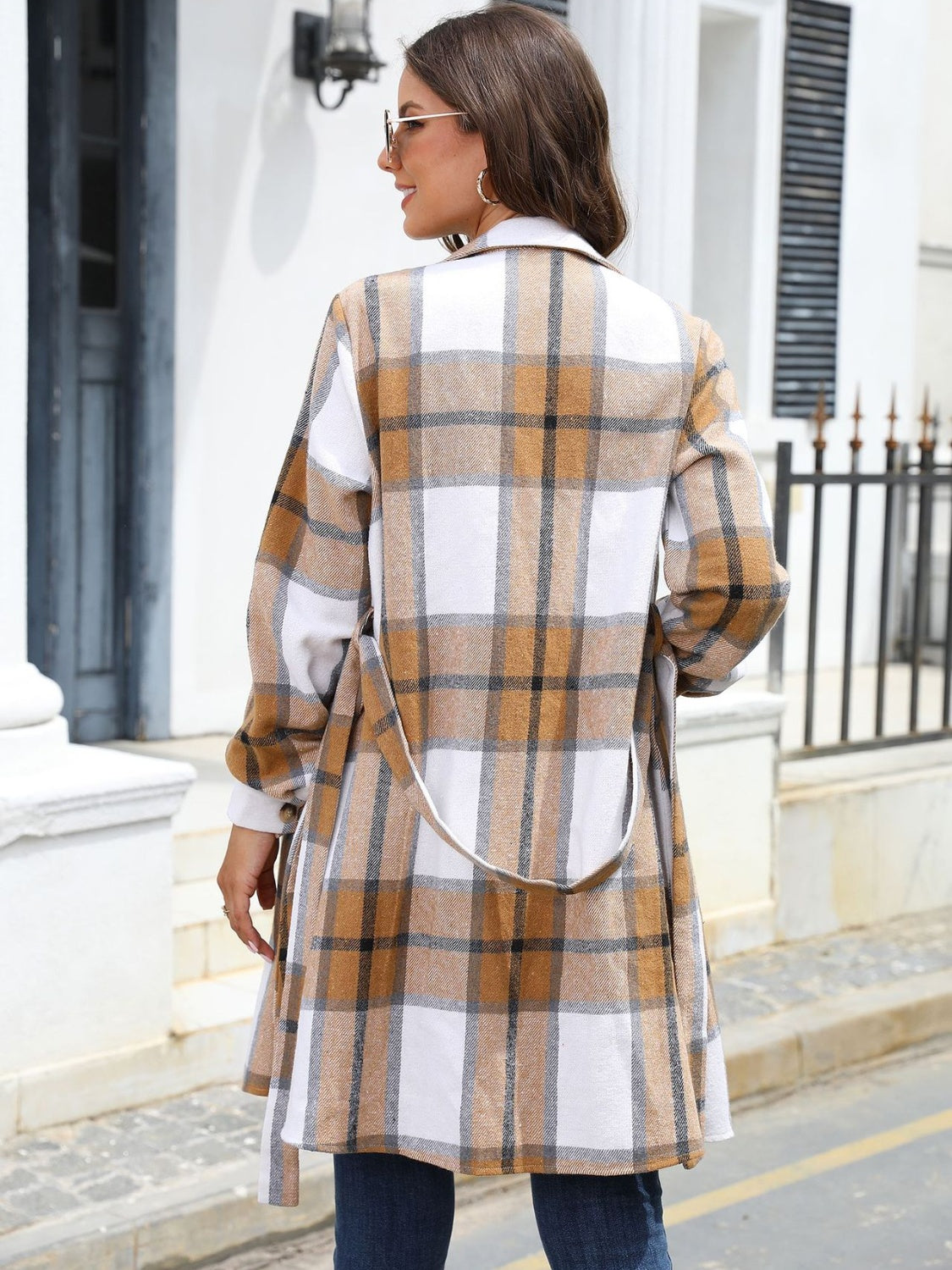 Plaid Belted Collared Neck Button Up Jacket-Angel Casuals