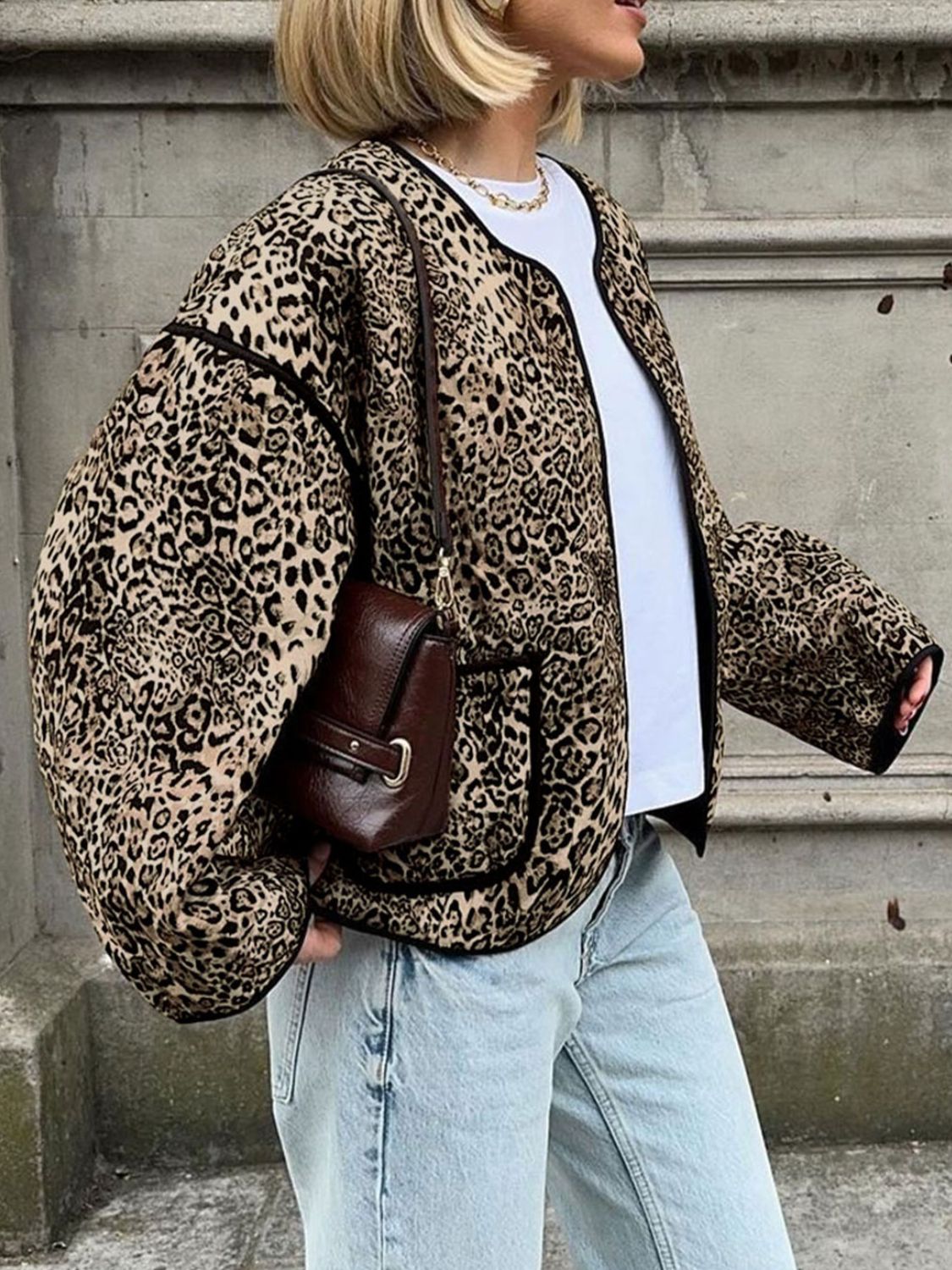 Perfee Leopard Open Front Long Sleeve Jacket-Angel Casuals