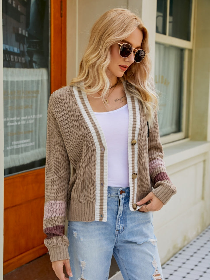 Contrast Button Up Dropped Shoulder Cardigan-Angel Casuals